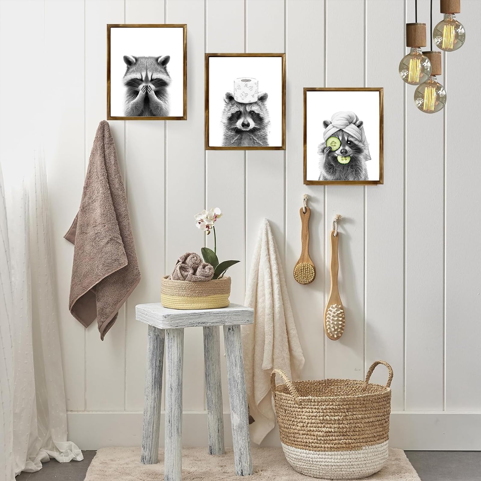 Twnslla Adorable Raccoon Bathroom Wall Art Set Of 3,Funny Bathroom Decor Wall Art,Bathroom Fuuny Raccoon Art Prints,Funny Bathro