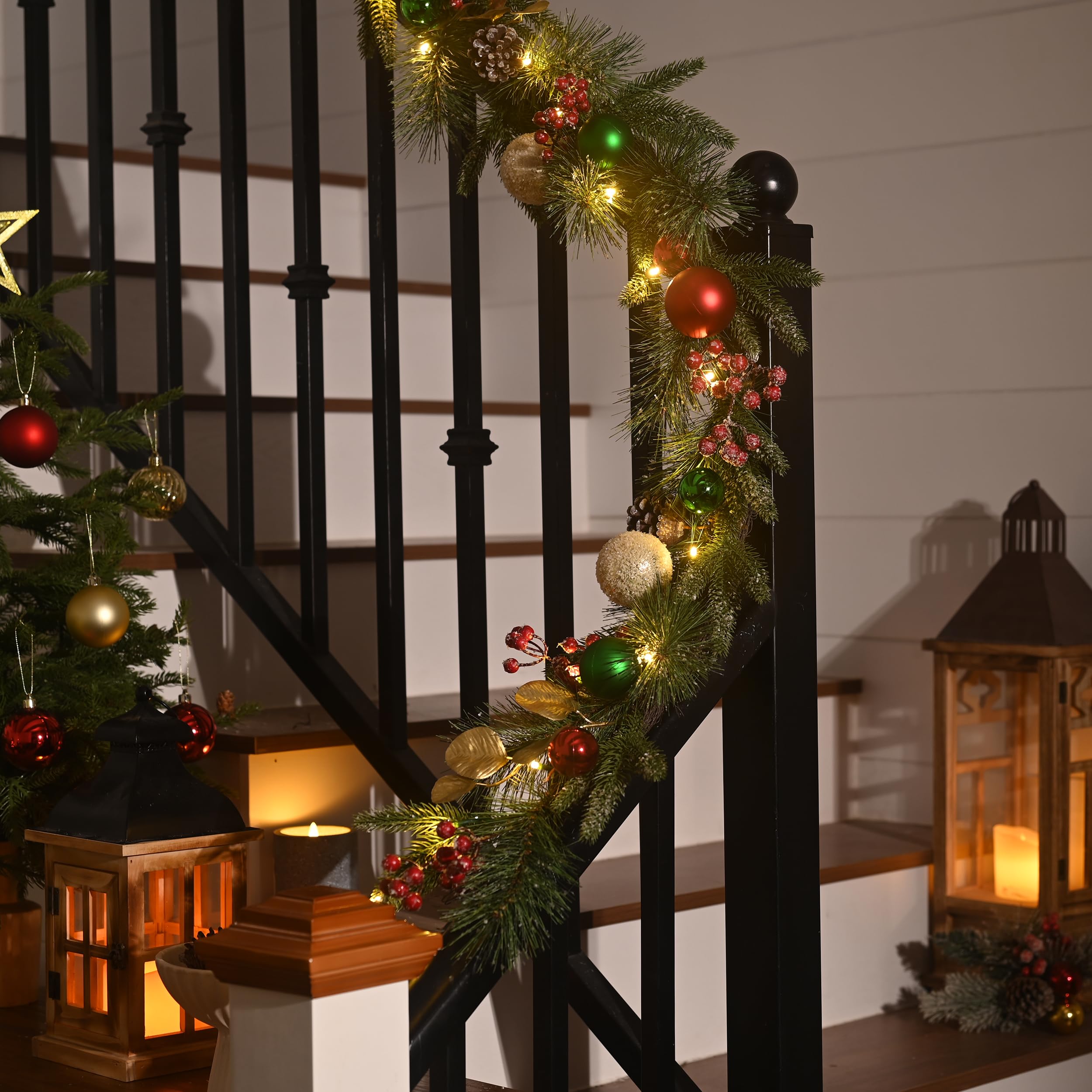 Valery Madelyn 6 Ft Pre-Lit Christmas Garland with Light for Mantle, Lighted Outdoor Xmas Garland with Red Green Gold Ball Norfo