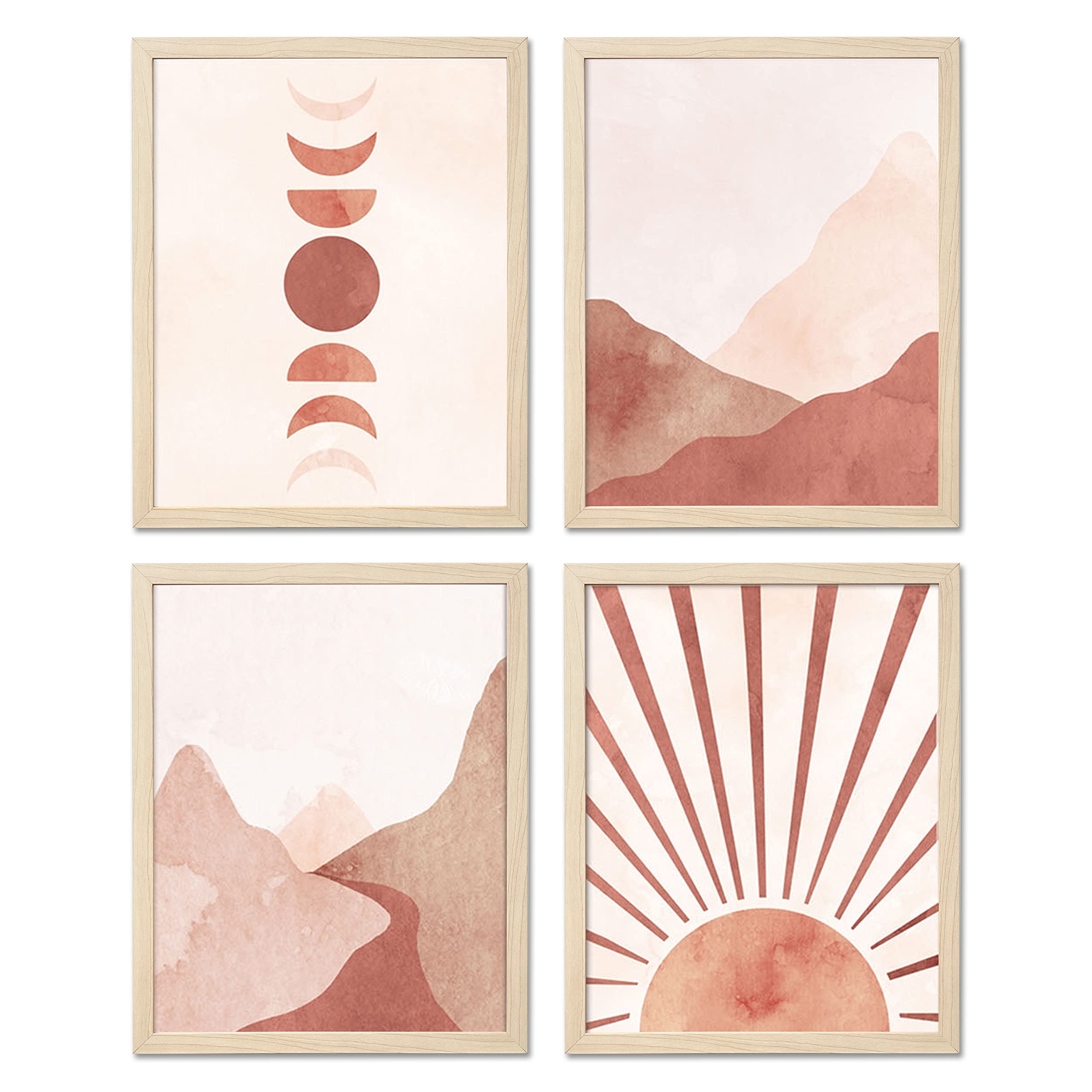 Artbyhannah 4-Pack 11X14 Framed Boho Wall Art In Decorative Warm Tone With Mid Century Prints Of Sun Moon Mountain And Mdf Wood