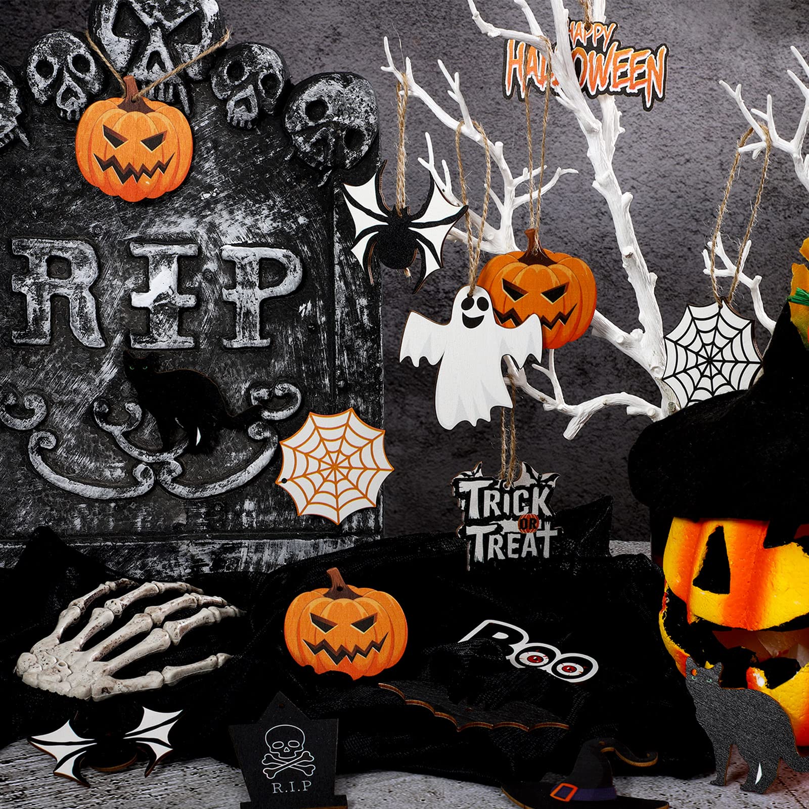 36 Pieces Halloween Wooden Hanging Ornaments Halloween Tree Decorations Wood Hanging Cutouts with Ropes for Trick or Treat Party