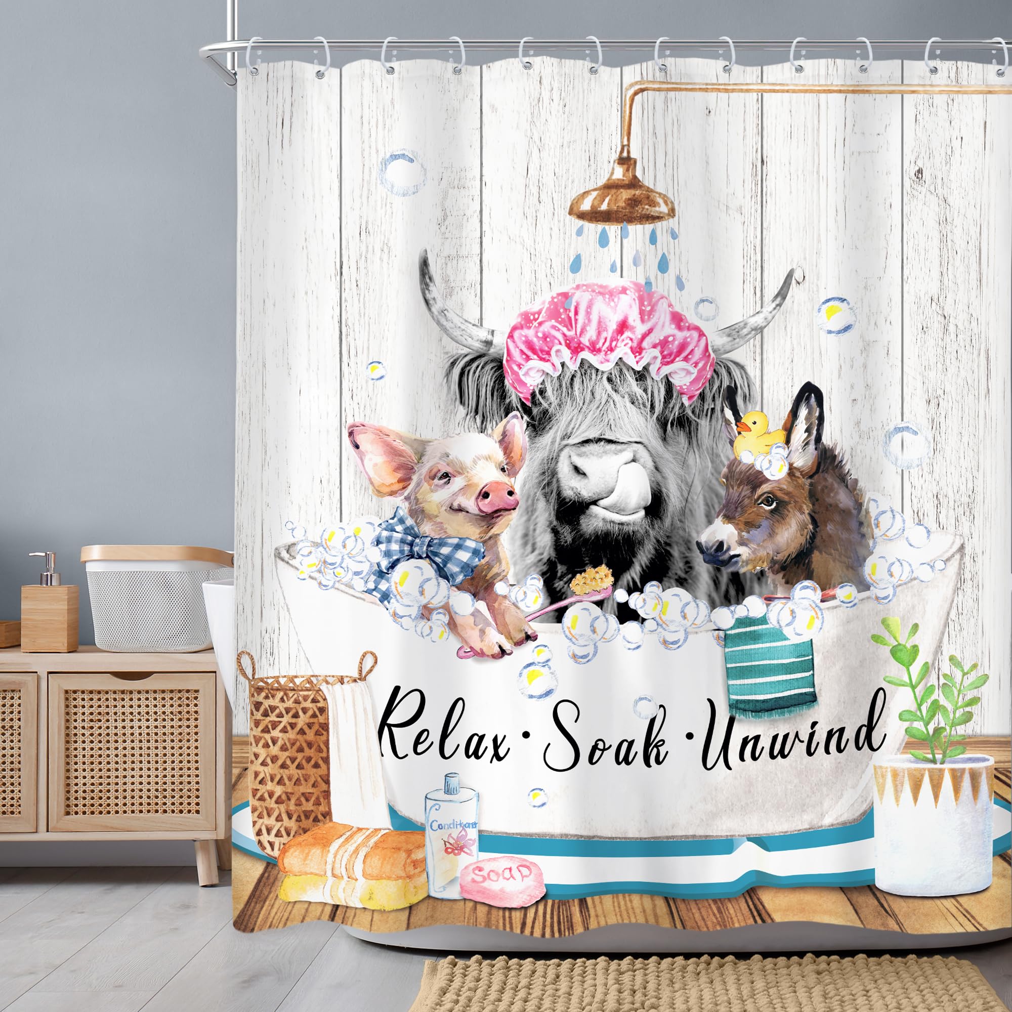 Newsely Funny Highland Cow Shower Curtain 60Wx72H Inch Bull Western Cattle Donkey Pig In Bathtub Rustic Shower Curtain Bathroom