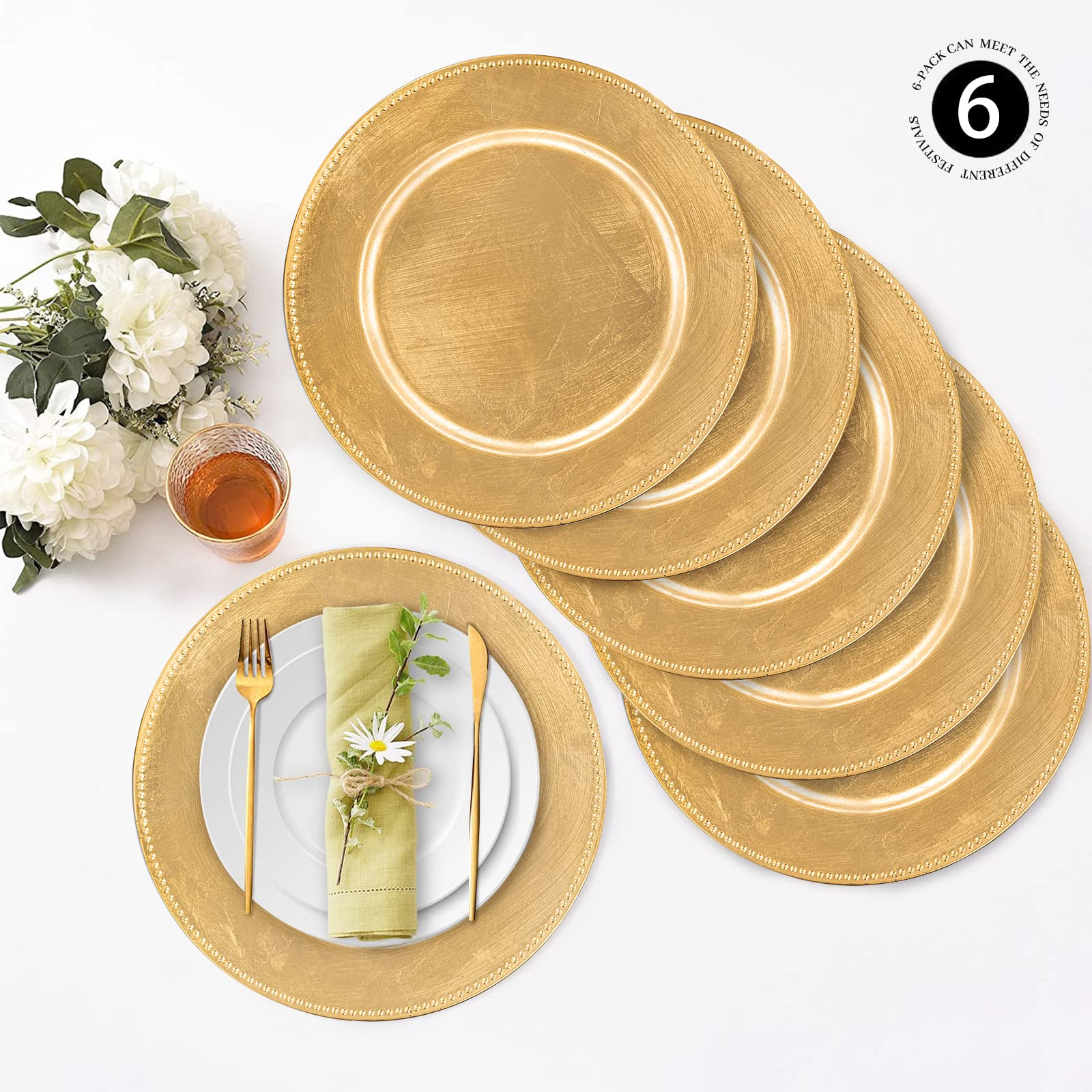 Maoname Foil Gold Charger Plates With Beaded, 13'' Plate Chargers For Dinner Plate, Plastic Round Chargers For Table Setting, Se
