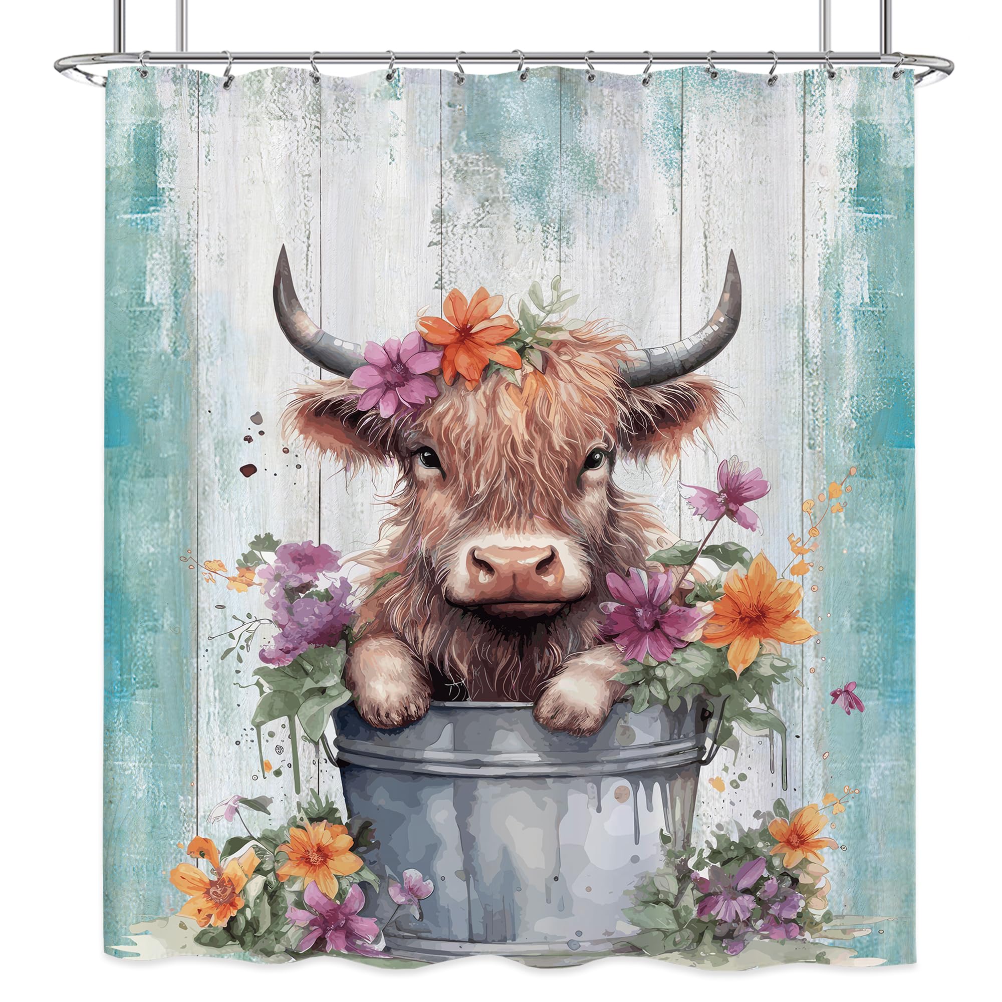 Laifzere Cute Baby Highland Cow Shower Curtain Farmhouse Teal Wooden Shower Curtain For Bathroom Set Funny Cattle Rustic Animal