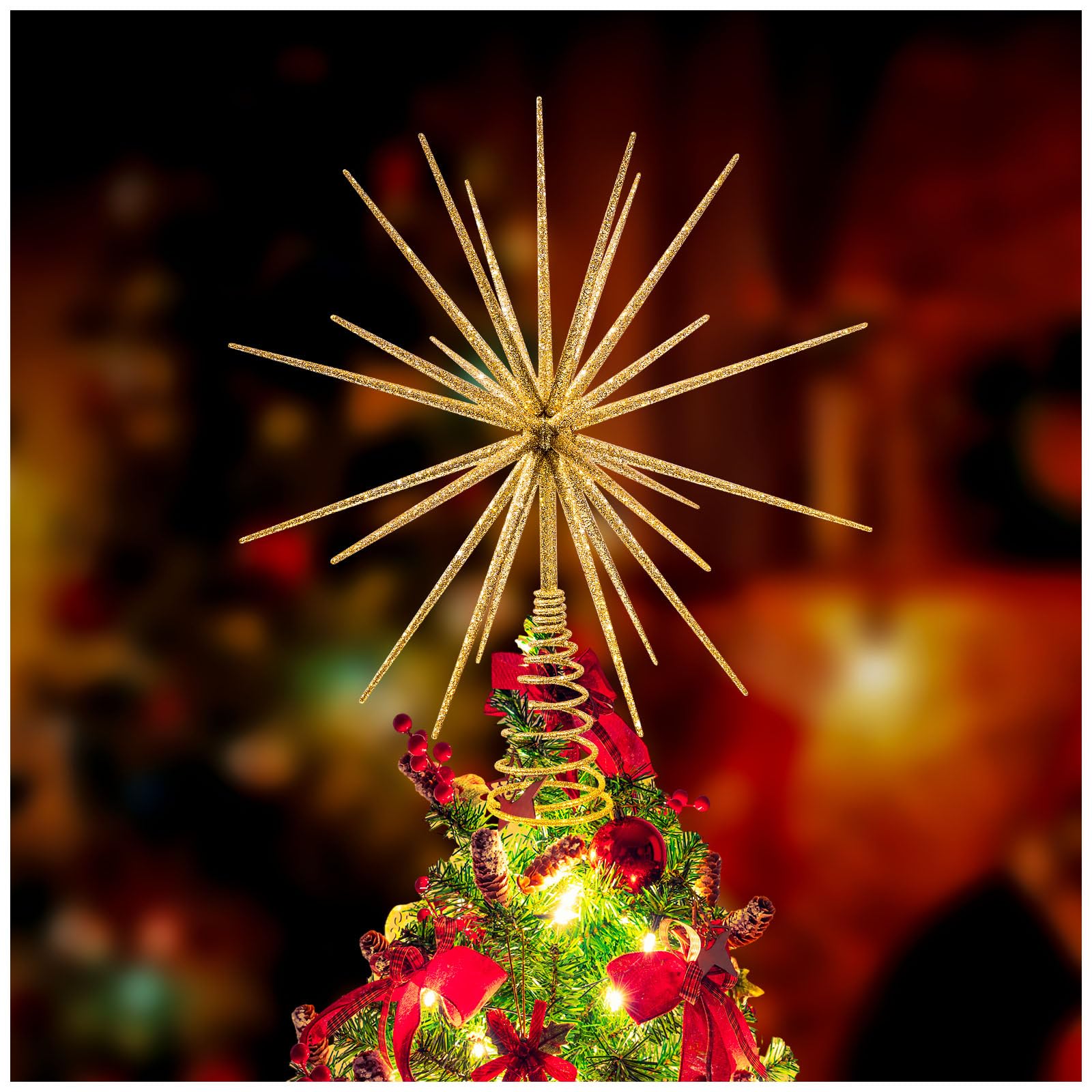 13.7 Inch Gold Christmas Tree Topper - 3D Burst Gold Tree Topper, Exploding Star Christmas Tree New Year Holiday Tree Decoration