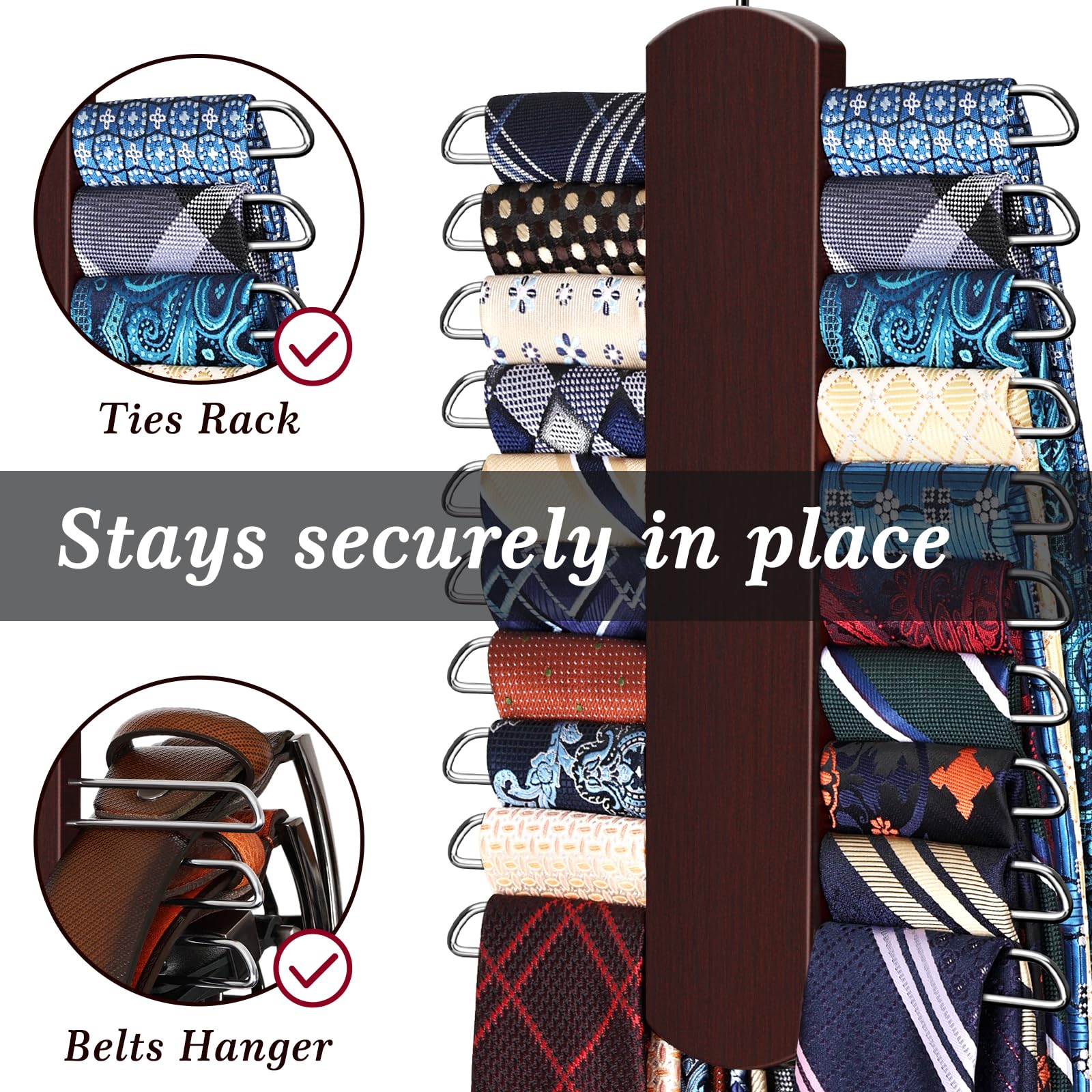 2 Pack Tie Rack For Closet, Premium Wooden Necktie Organizer Storage Tie/Belt Hanger, 360 Degree Swivel Space Saving Ties Holder