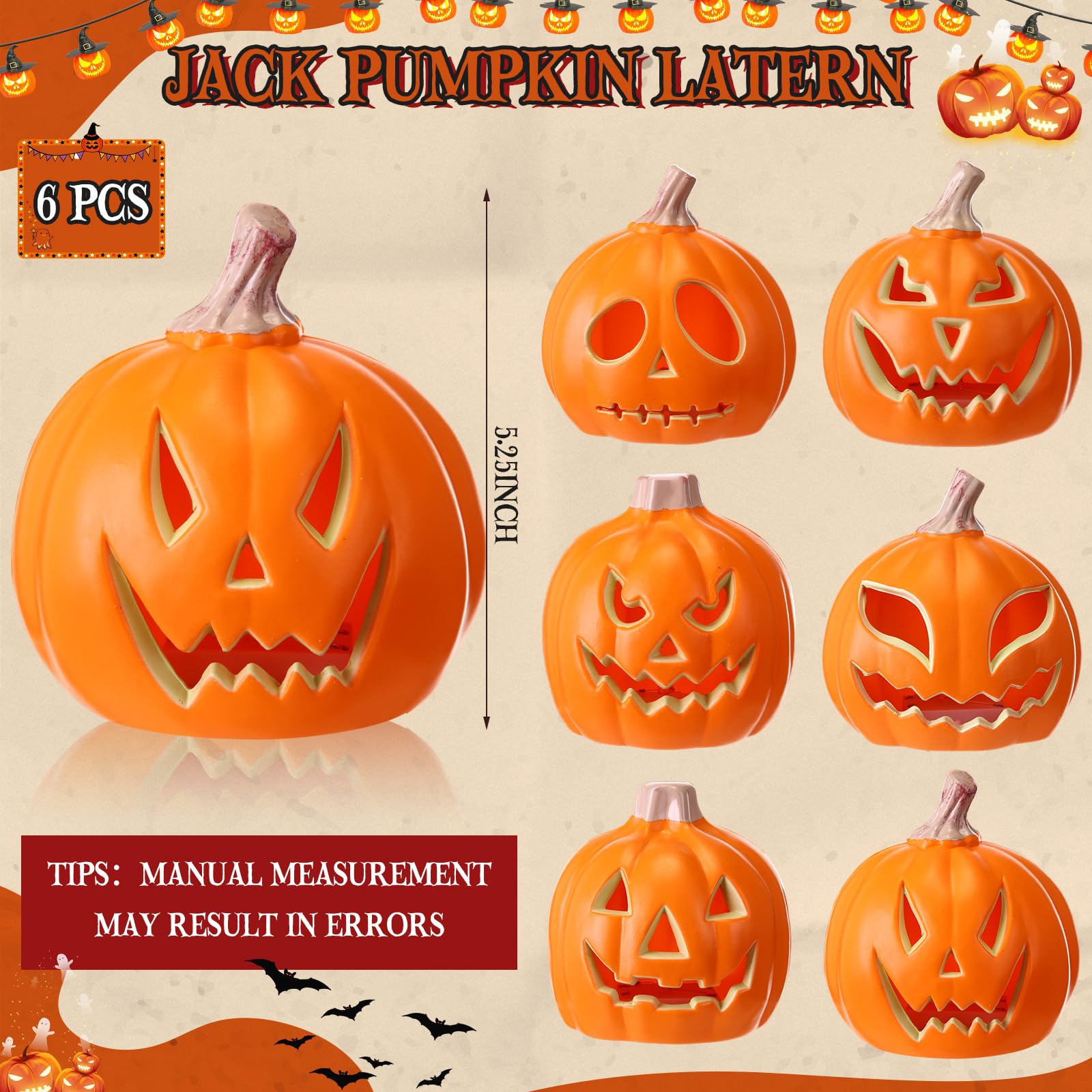 Pinkunn 6 Pcs Light up Jack O Lantern Halloween Pumpkin Lights Scary Glowing Plastic Pumpkin Lamp 5.25 Inch Halloween Props with