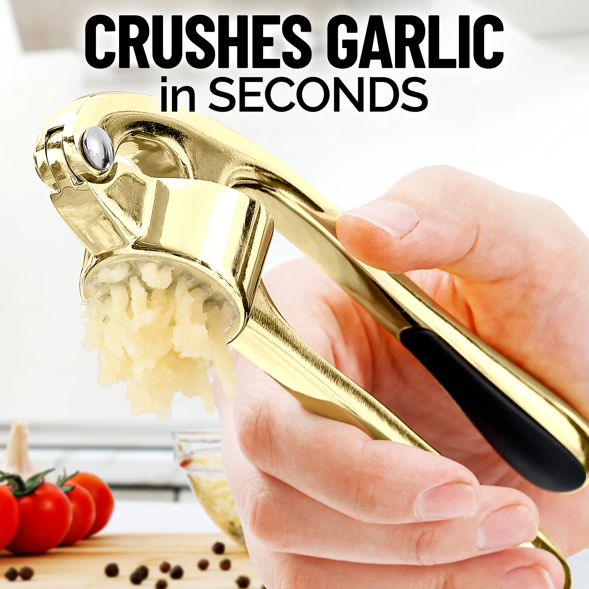 Zulay Kitchen Premium Garlic Press With Soft, Easy To Squeeze Handle - Includes Silicone Garlic Peeler & Cleaning Brush - 3 Piec