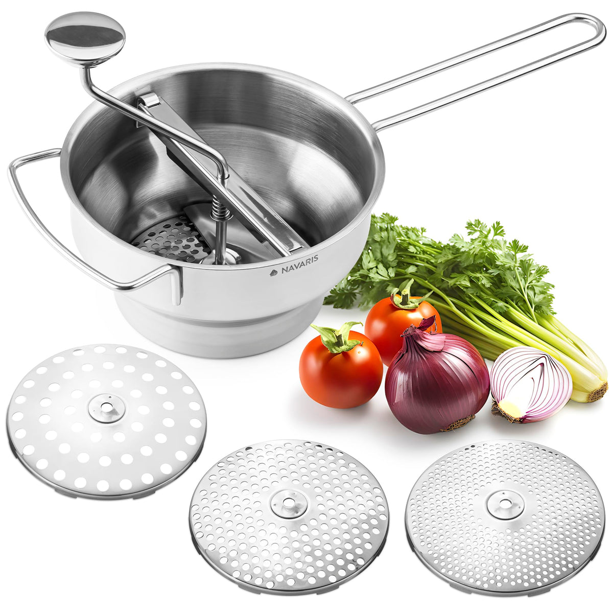 Navaris Food Mill - 8.1 '' Stainless Steel Rotary Food Mill Sieve Grater With 3 Grinding Discs - Vegetable Strainer Sauce Maker
