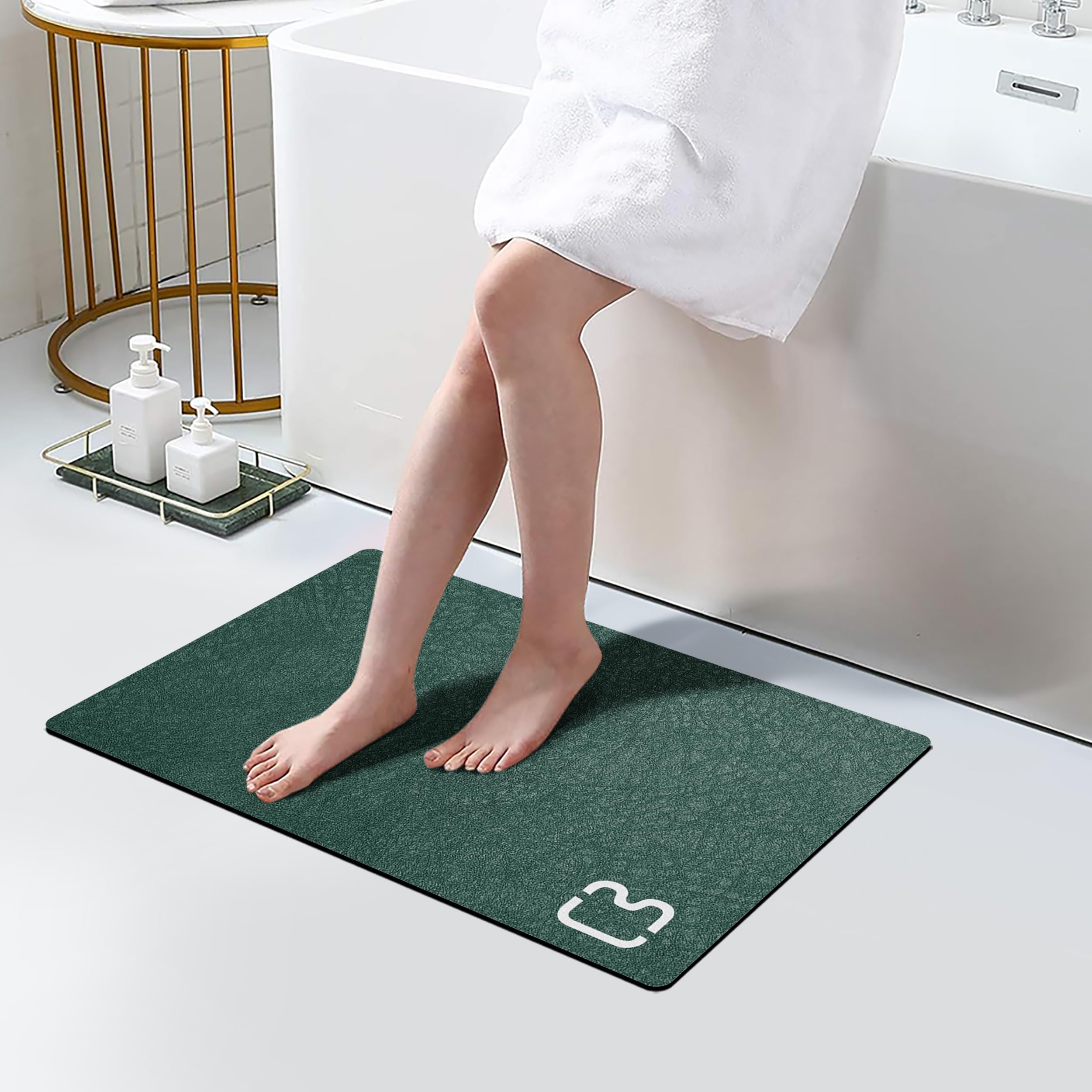 Ruerya Bath Mat (15.7X23.6), Bathroom Non Slip Absorbent Quick Dry Rubber Backed, Dark Green