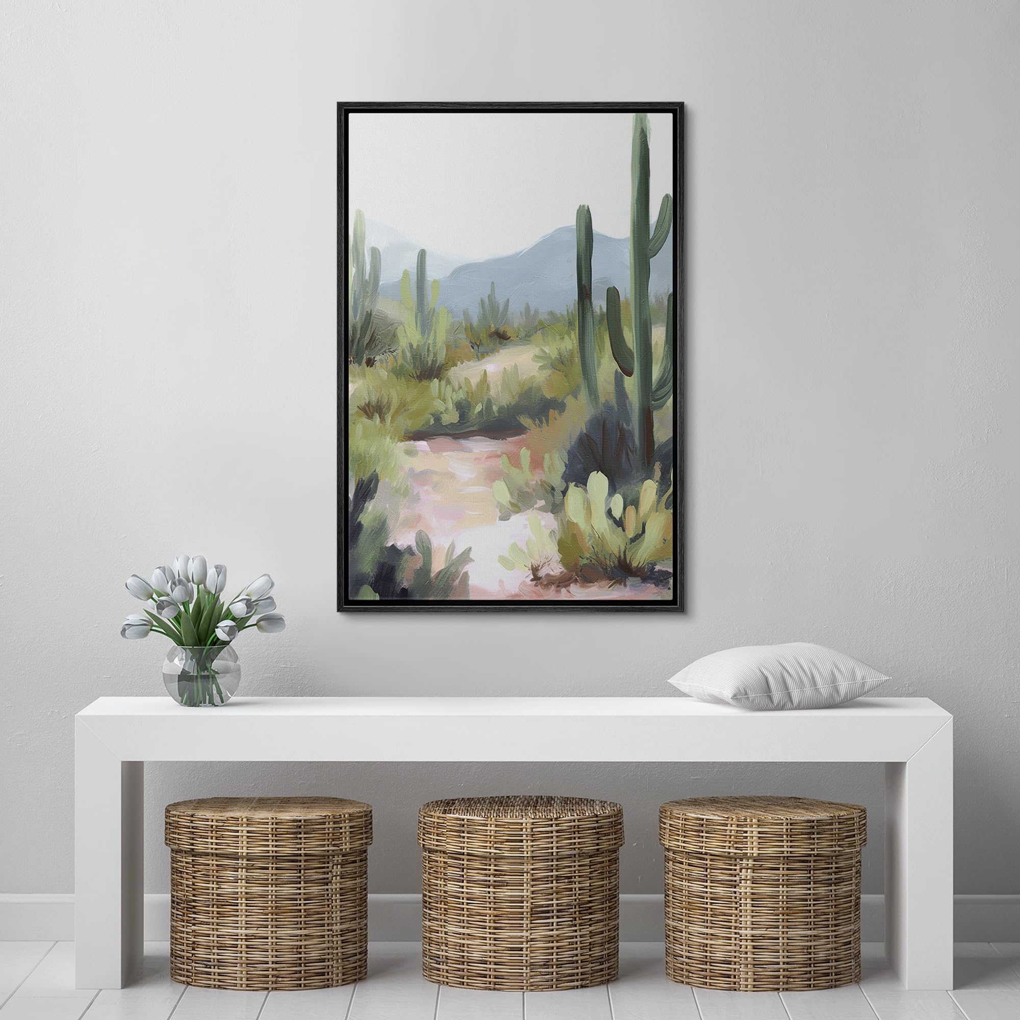 Signford Framed Canvas Print Wall Art Peaceful Desert Trail With Greenery And Cacti Nature Wilderness Illustrations Modern Art D