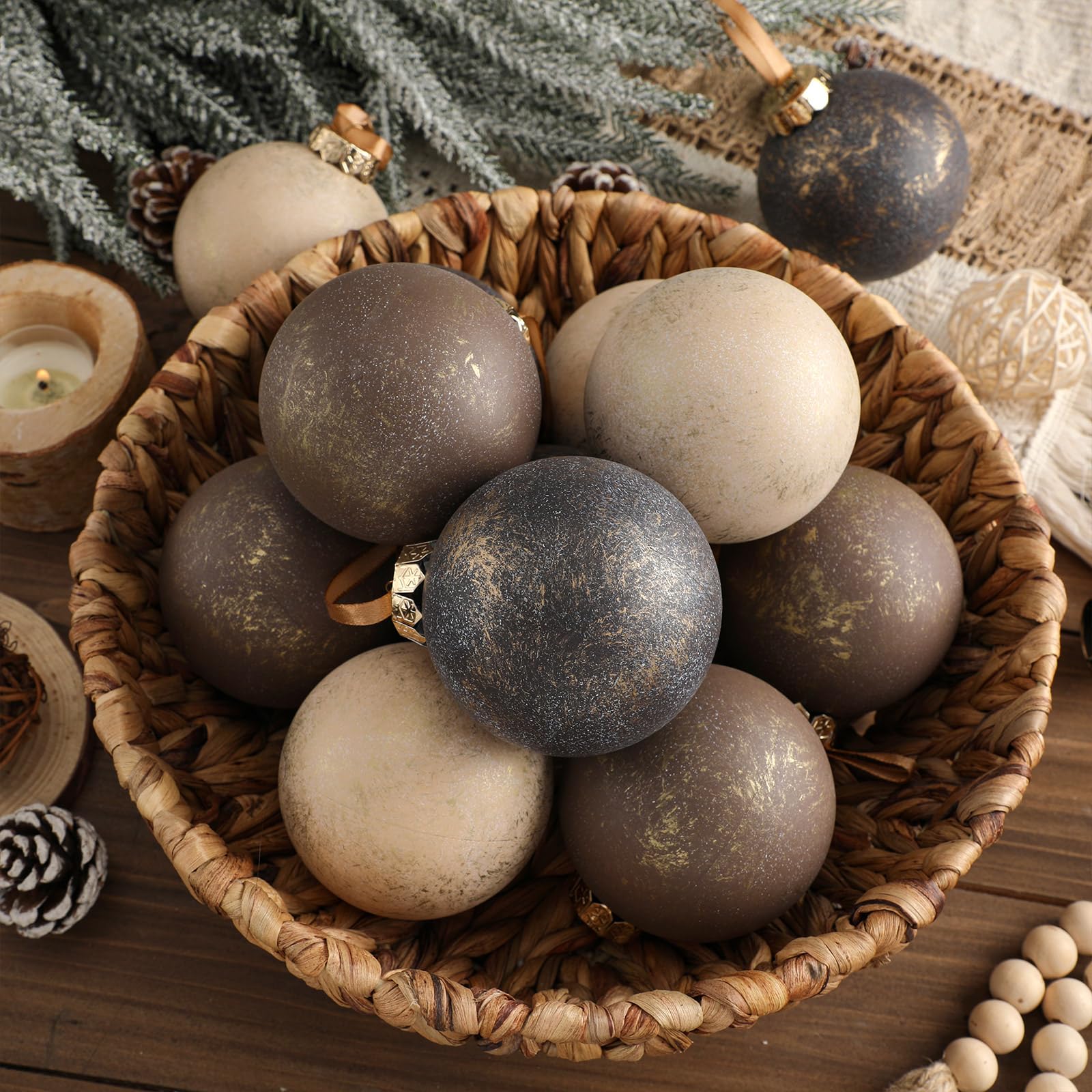 Yunlly 12 Pcs Large Neutral Textured Christmas Ball Ornaments 3.15 Inch Vintage Rustic Metallic Brown Xmas Bulbs Ornament Shatte