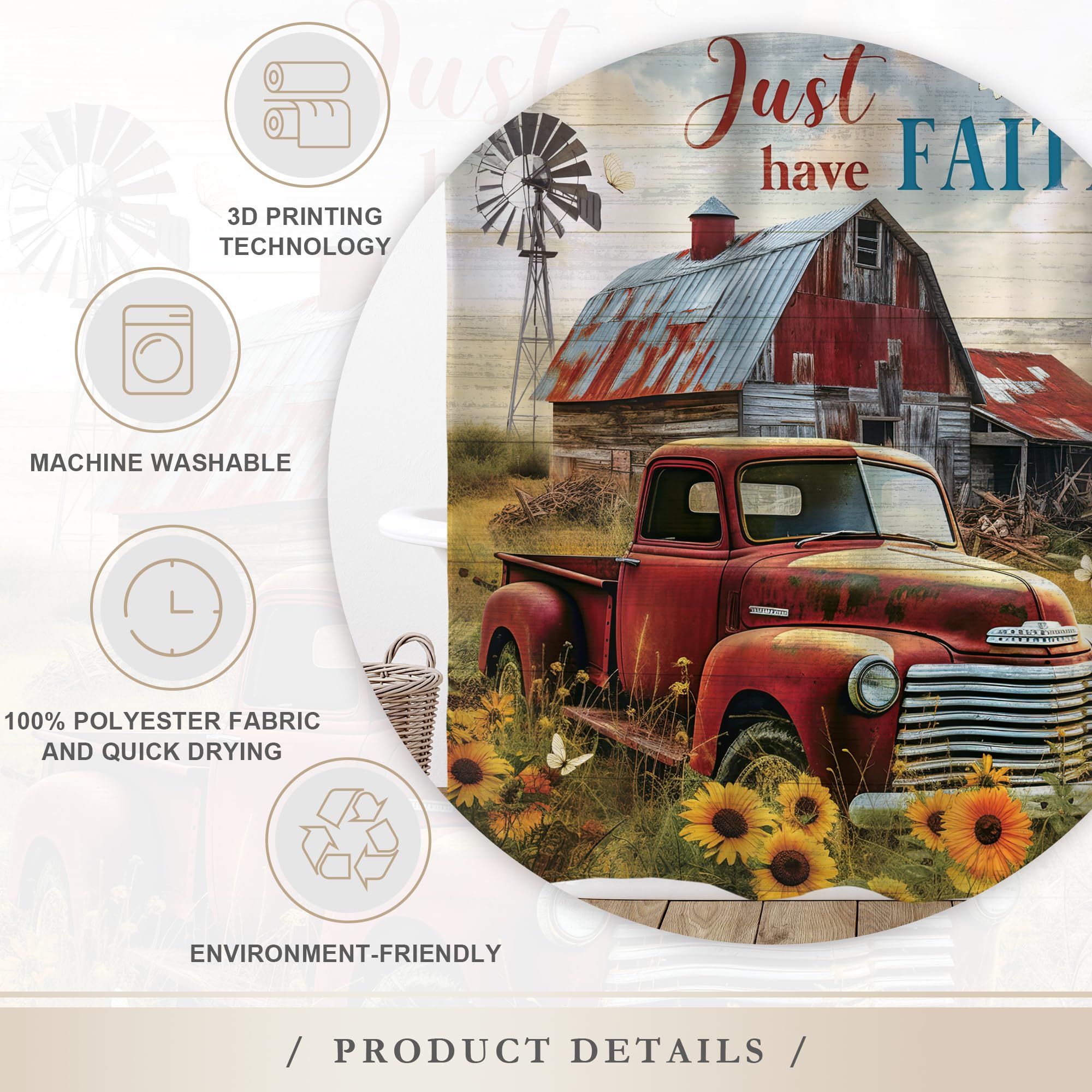 Glawry Rustic Farmhouse Shower Curtain 60Wx72L Inches Retro Red Truck Positive Quote Vintage Sunflowers Wooden Western Farm Coun