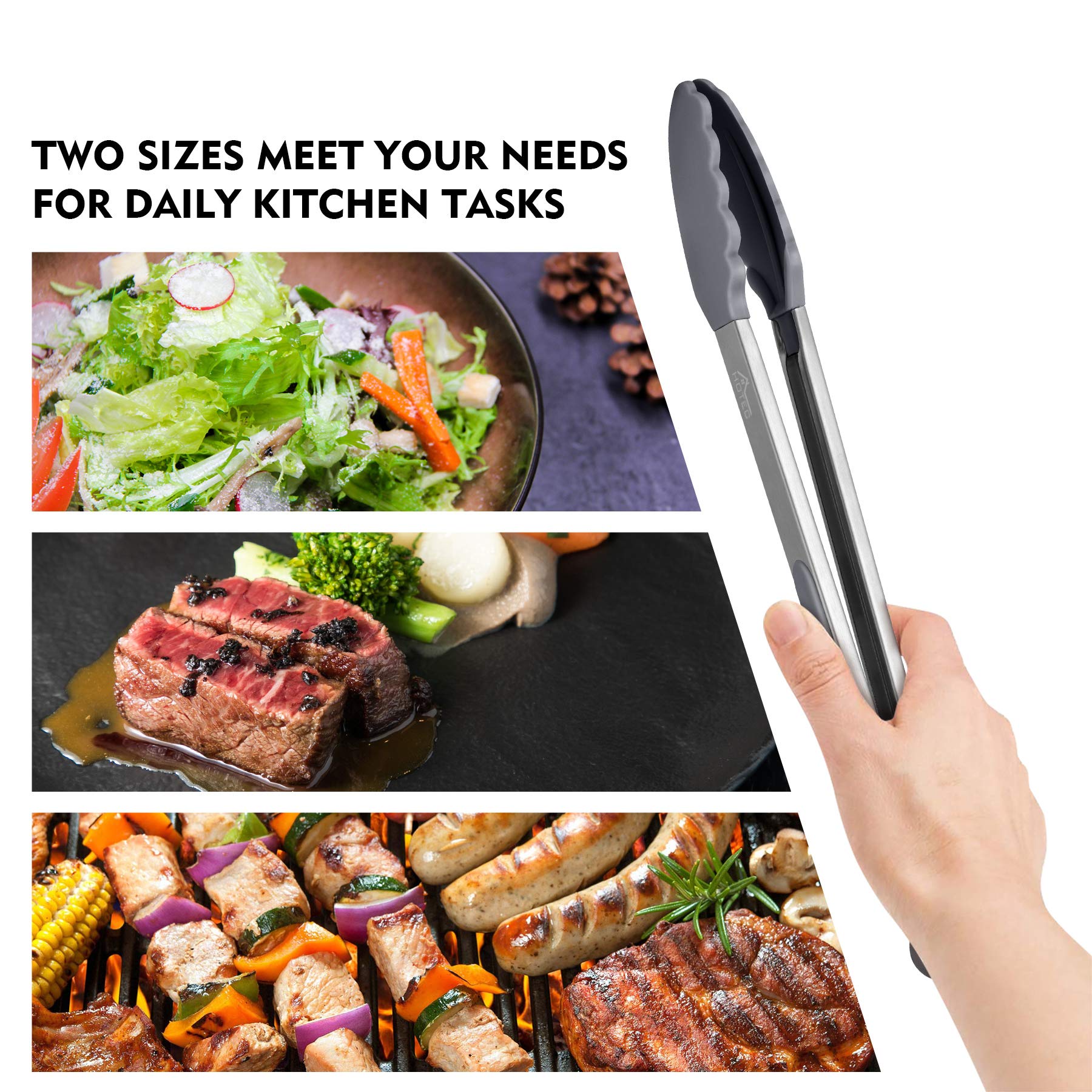 Hotec Premium Stainless Steel Locking Kitchen Tongs With Silicon Tips, Set Of 2-9 '' And 12 '' Light Grey