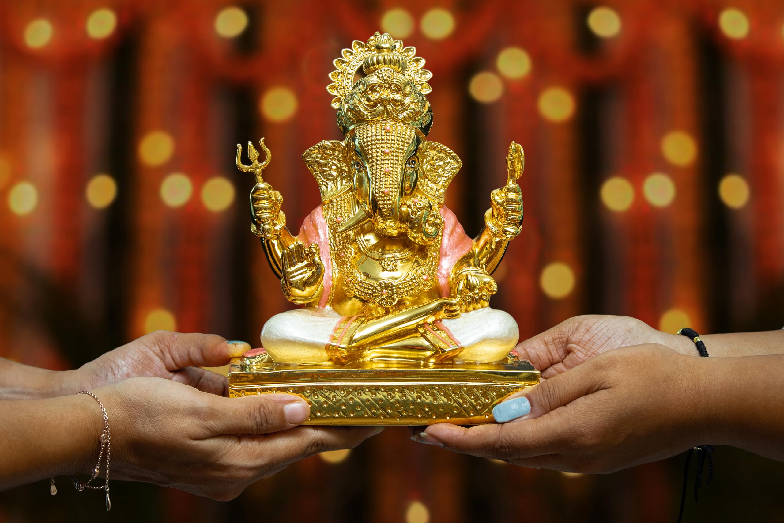 Aarya24Kt Dagdushet Pearl White Ganesha Gold-Plated Ganesh Ganpati Idol Statue For Home Decor, Office Desk & Pooja Room | Large 