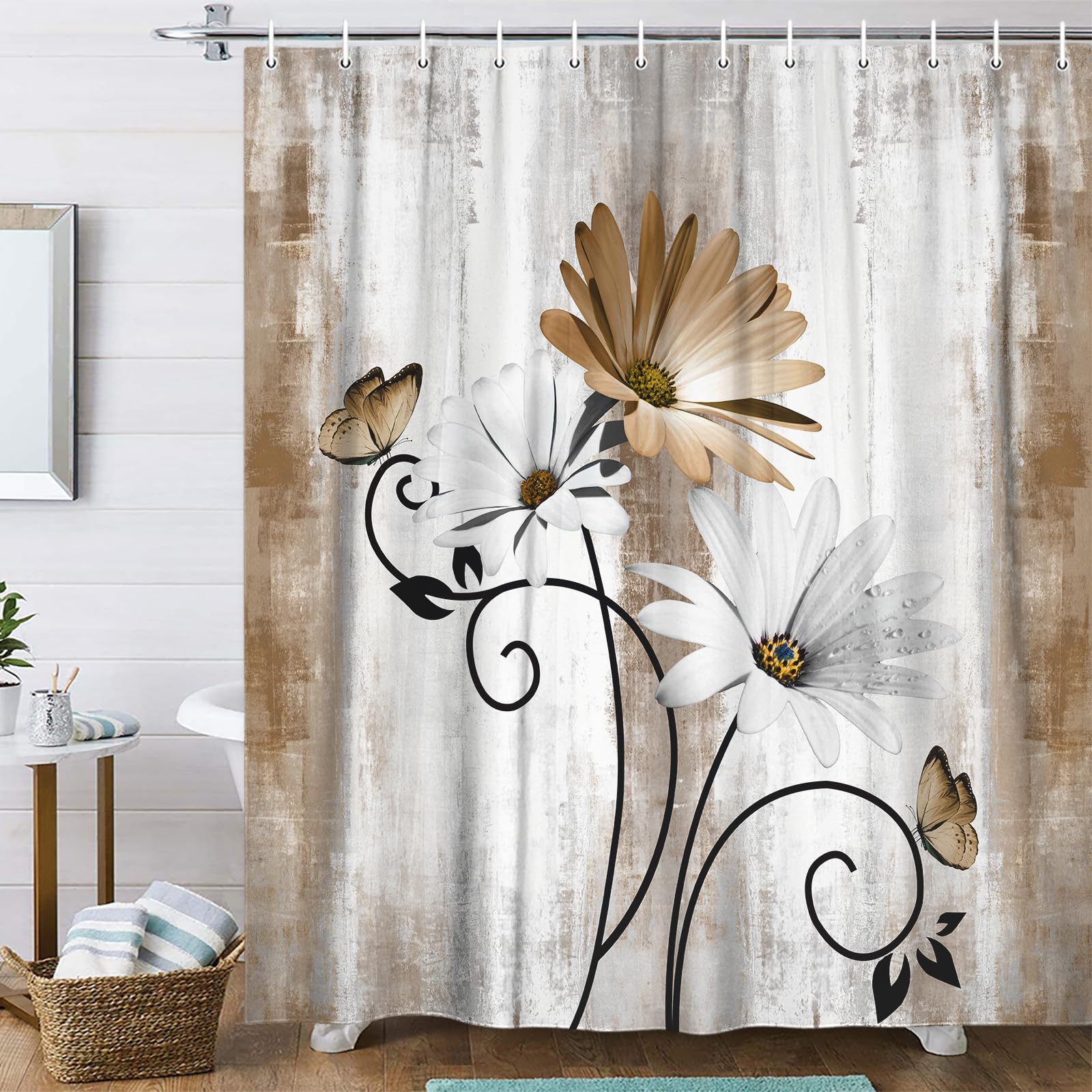 Veivian Rustic Farmhouse Shower Curtain, Farm Tan Cream Daisy Floral Flowers And Butterfly On Country Wooden Shower Curtain For