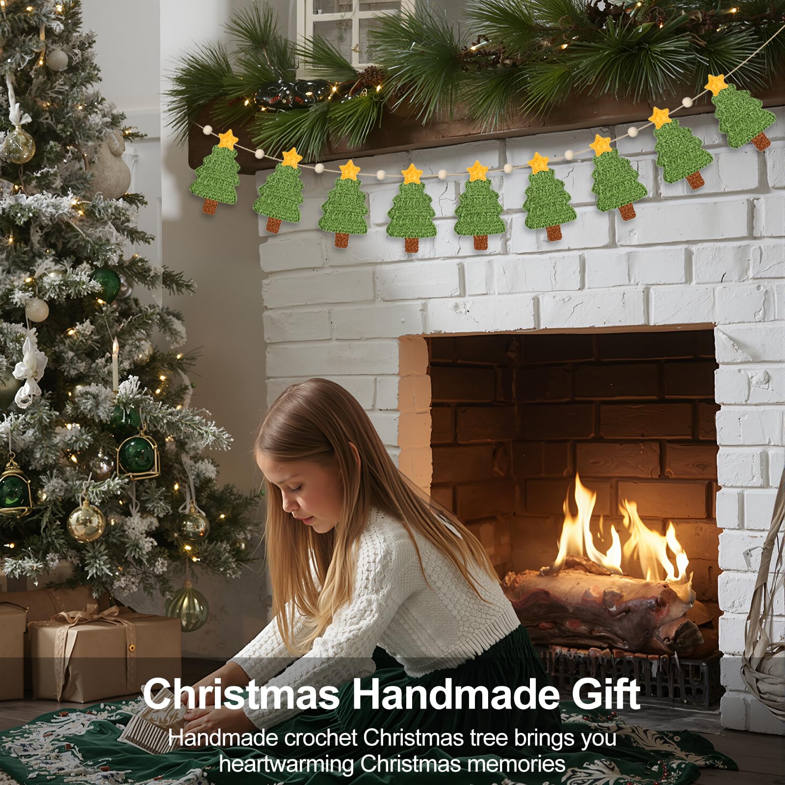 Tudomro Crochet Christmas Tree Garland 6.56 ft Rustic Handmade Xmas Banner Christmas Tree Wooden Beads Farmhouse Hanging Decor f