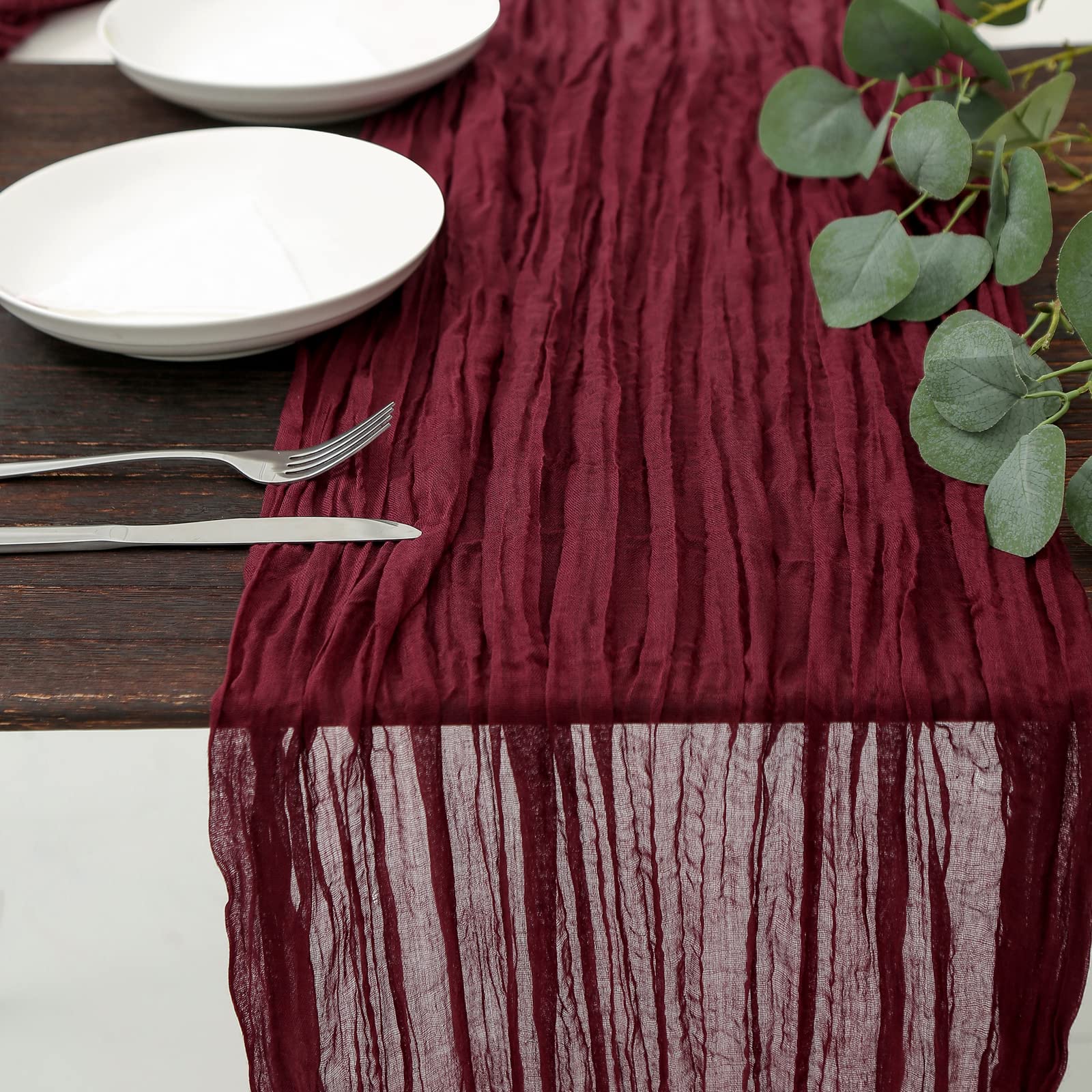 Dolopl Valentines Day Cheesecloth Table Runner Burgundy 13.3Ft Boho Gauze Cheese Cloth Table Runner Rustic Sheer Runner 160Inch