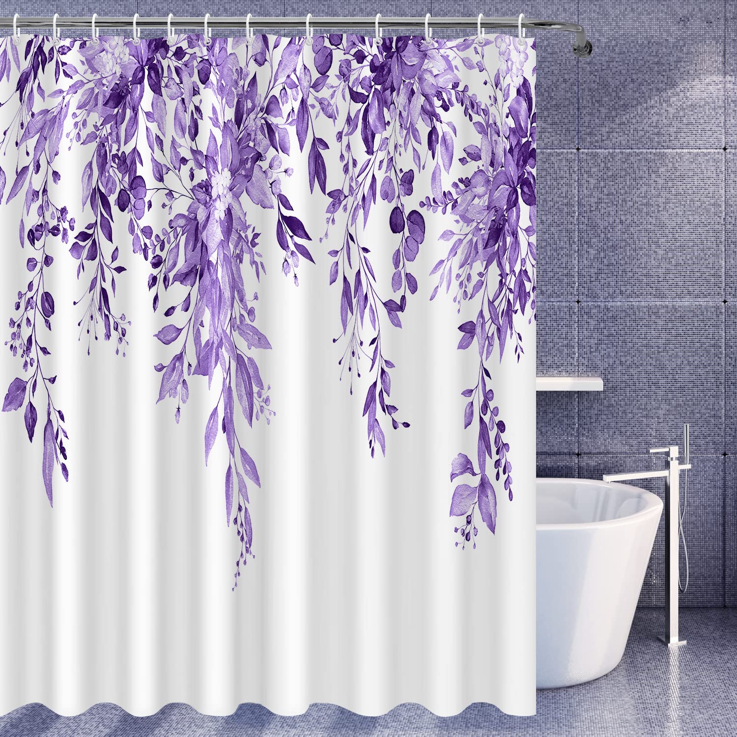 Nuseiis Purple Eucalyptus Shower Curtain, Watercolor Plant Leaves Shower Curtain With 12 Hooks, Decorative Botanical Shower Curt