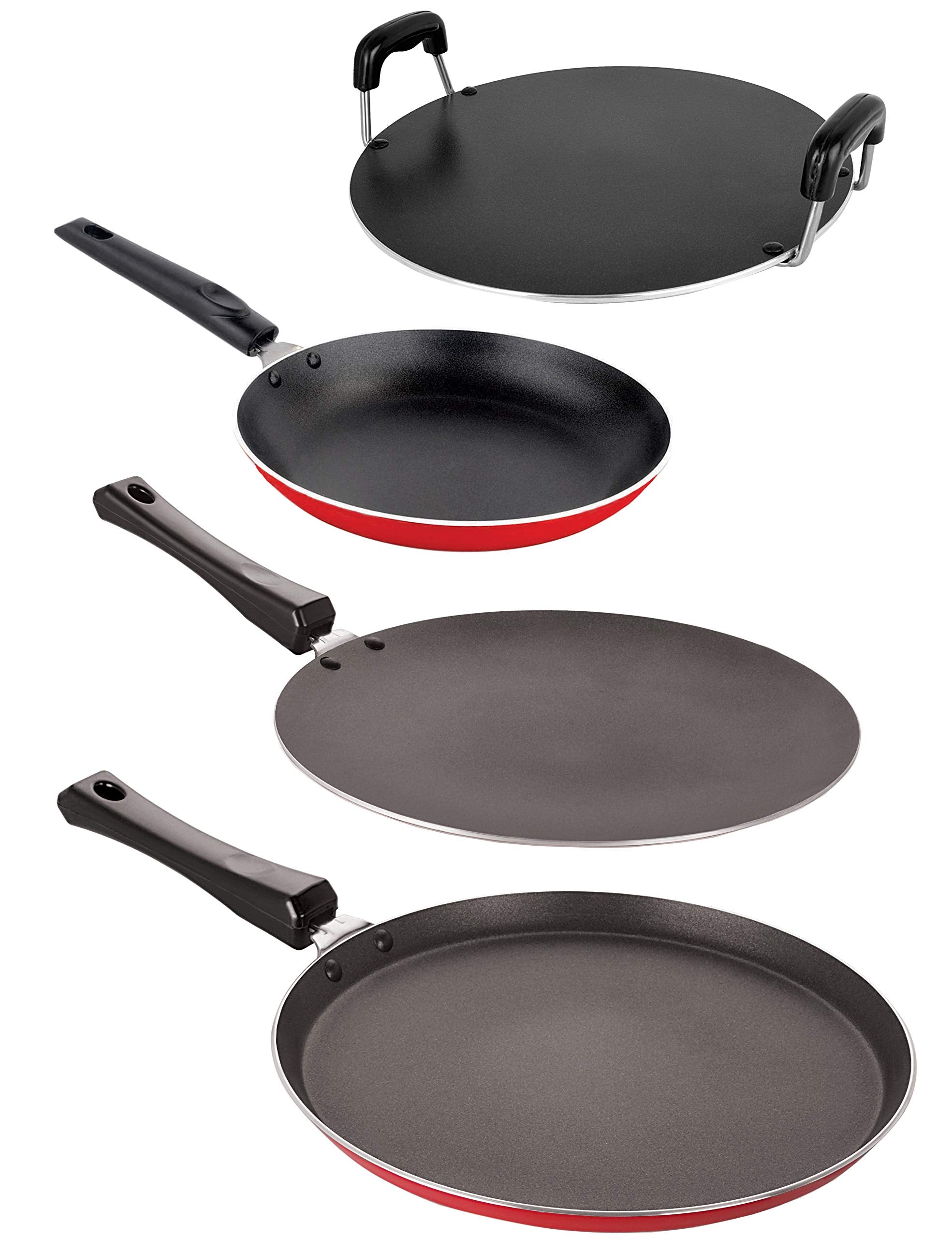 Nirlon NonStick 4 Piece Gas Compatible Pfoa Free Kitchenware Essential Gift Set, Red And Black