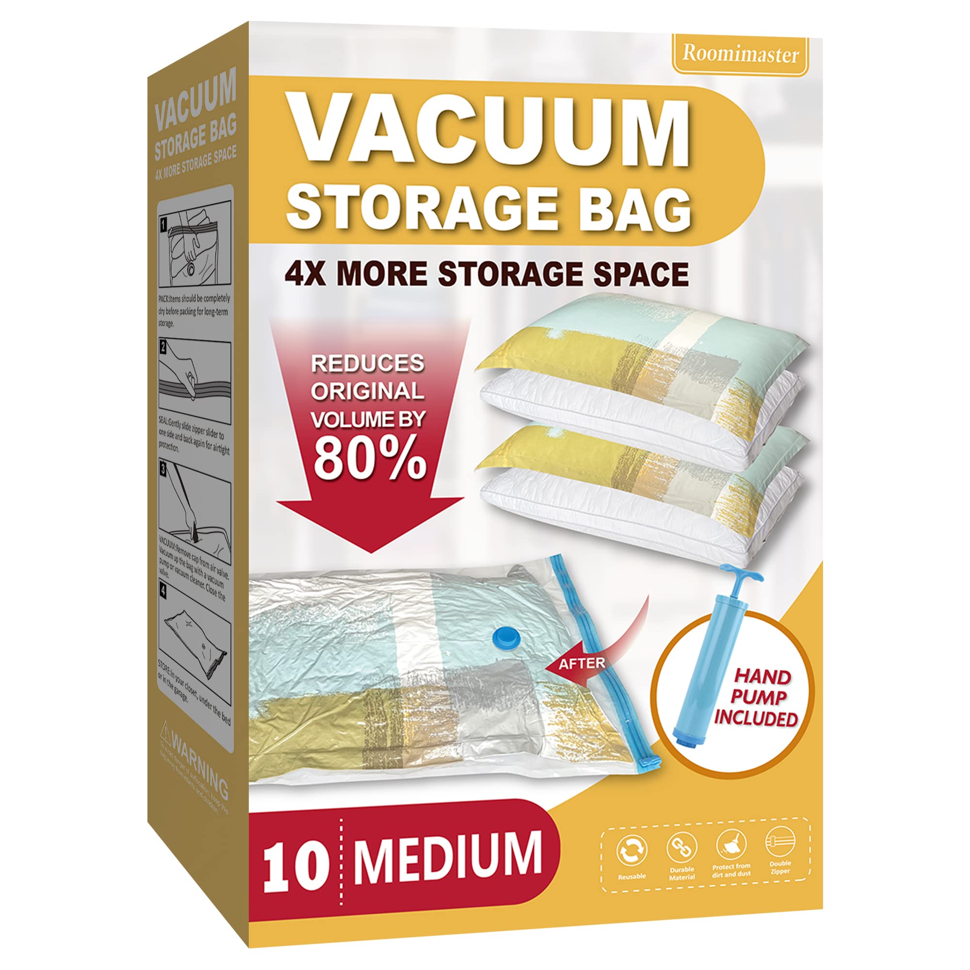 Roomimaster Storage Bags, 10 Medium Space Saver Vacuum Seal Bags With Pump, Space Bags, Vacuum Sealer Bags For Clothes, Comforte