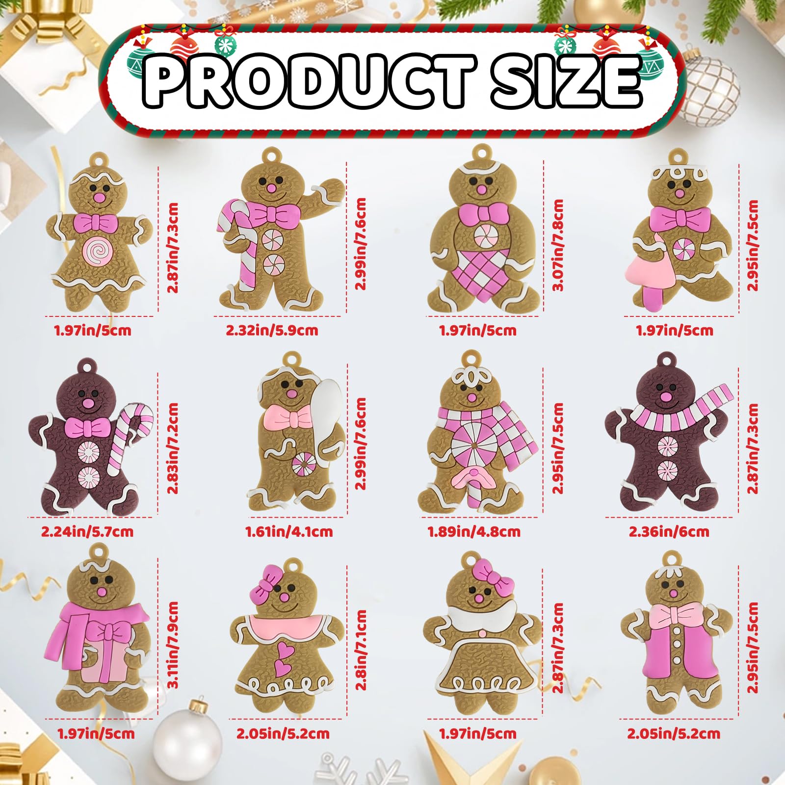 Kockuu Gingerbread Man Ornaments - 12pcs Pink Christmas Tree Decorations, Rubber Hanging Ornaments for Holiday Home Decor