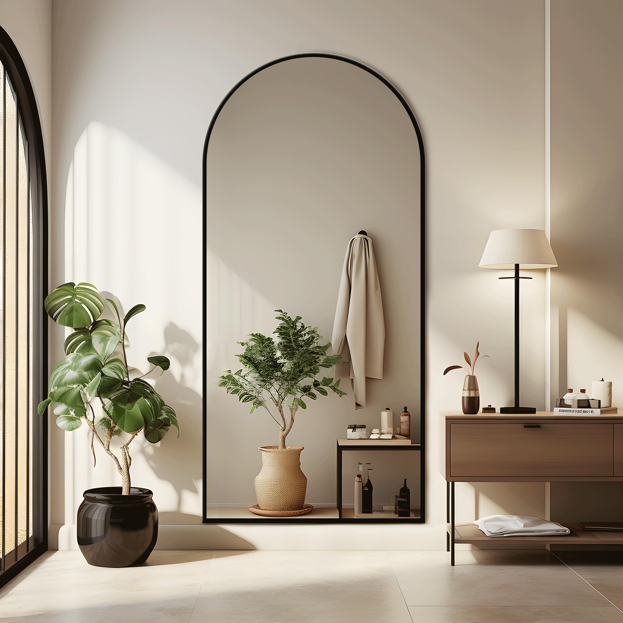 PexFix 71x31 Black Full Length Modern Arched-Top Floor Mirror with Standing Holder Bedroom Dressing Mirror Arched Wall Mirror St