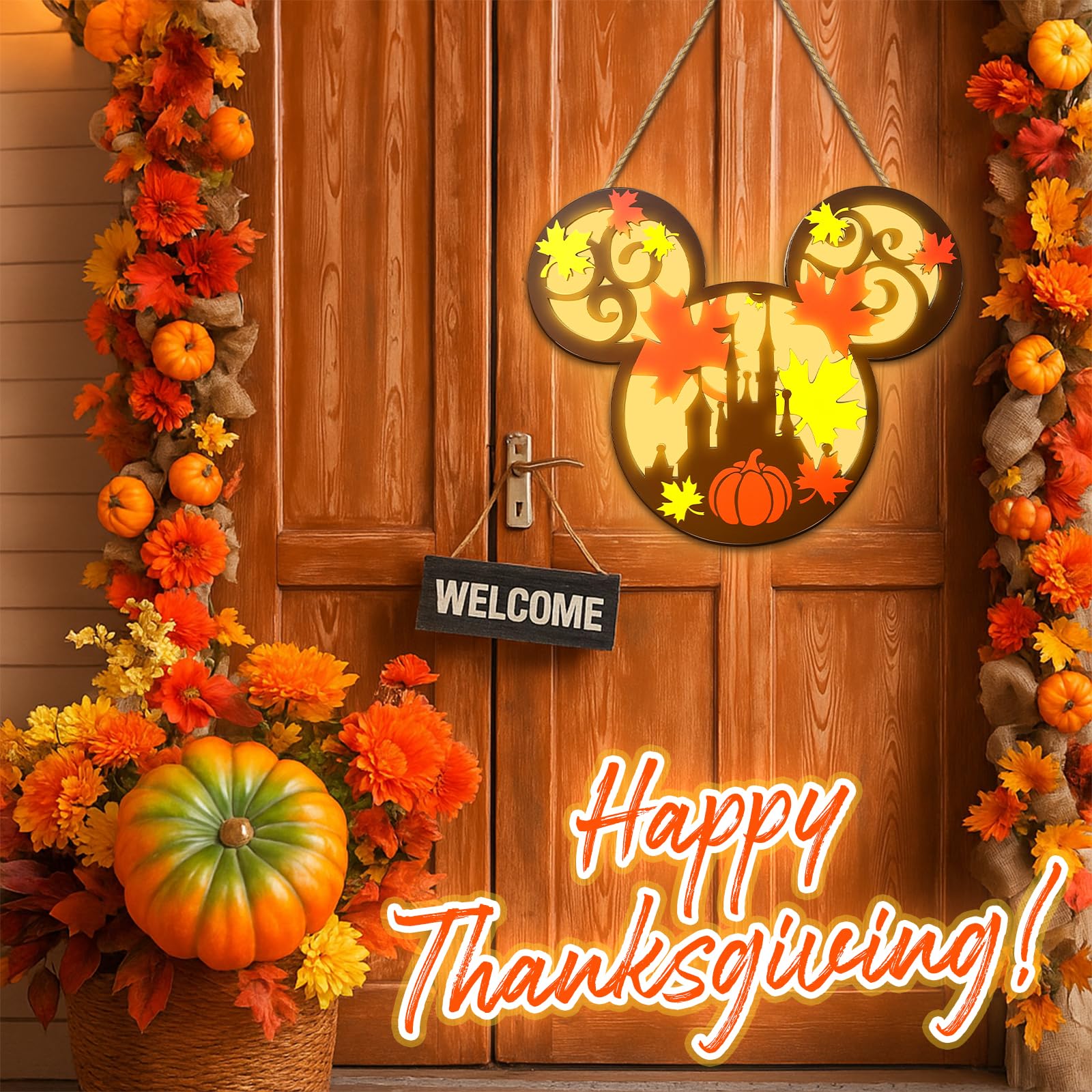 Fall Thanksgiving Wall Decor Lantern - Pumpkins Maple Leaf Door Hanging Sign Decor with Light, Autumn Farmhouse Wreath & Indoor
