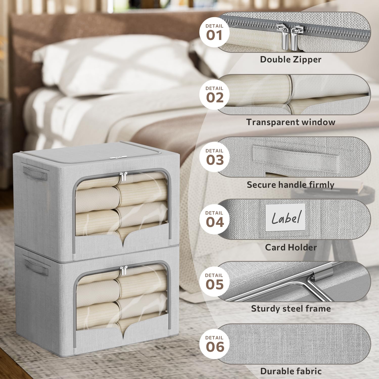 3 Pack Clothes Storage Bins - Foldable Metal Frame Storage Box - Extra Large Stackable Linen Fabric Organizer Set with Carrying