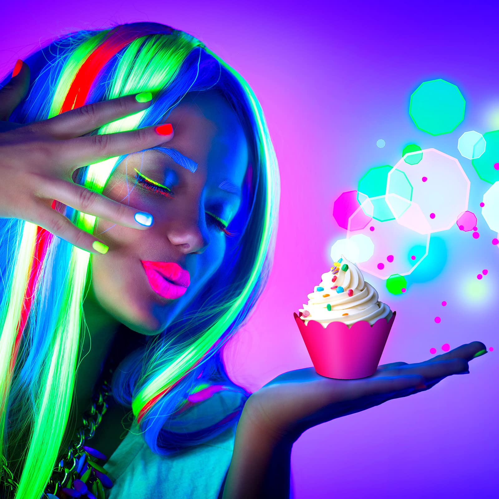 Spakon Glow Party Neon Party Supplies Neon Cupcake Wrappers For Glow Neon Birthday Party Wedding Decoration Black Light Reactive