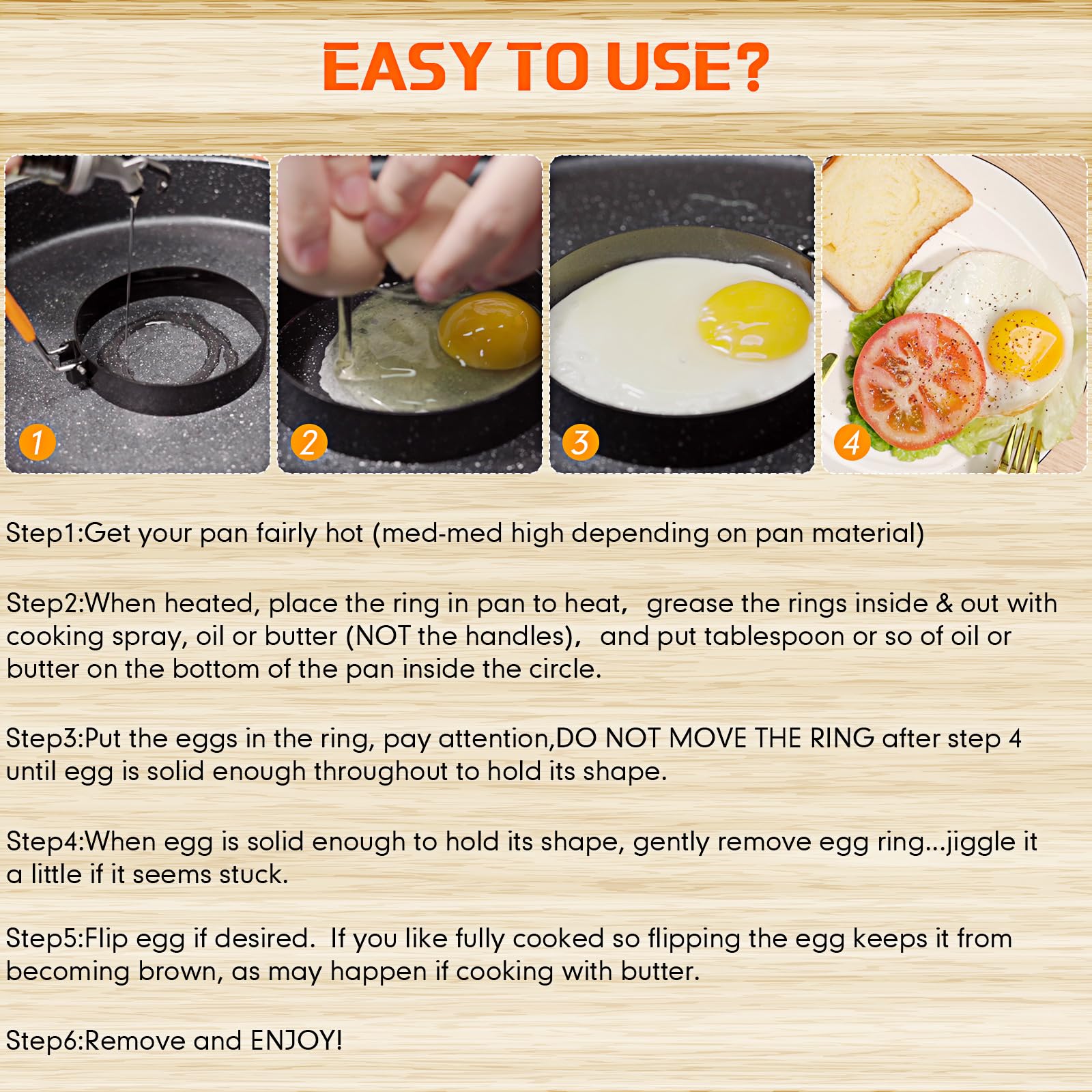 6 Pcs Professional Egg Ring Pancake Ring Set Stainless Steel Fried Egg Ring Griddle Pancake Shapers With Orange Silicone Handle