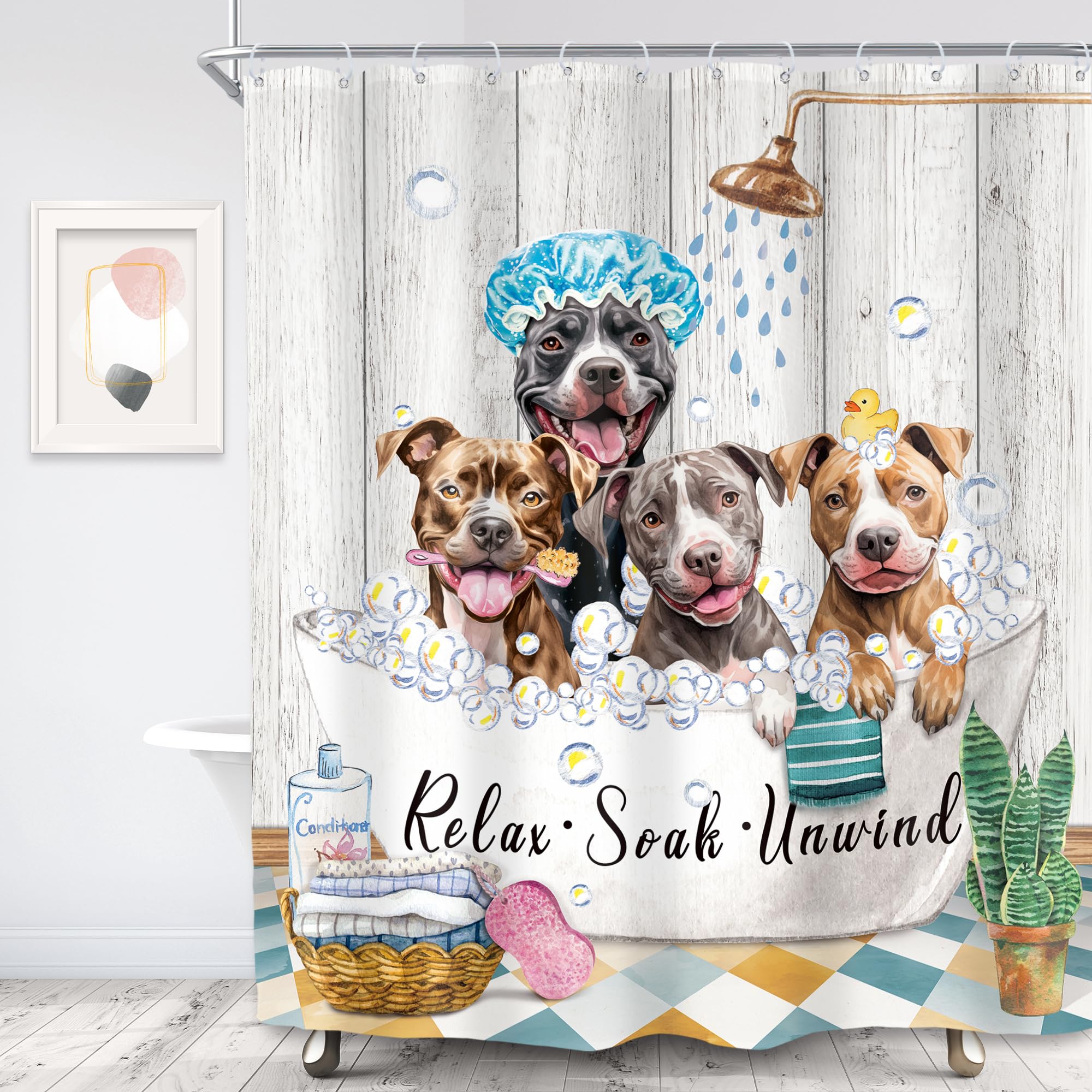 Svbright Funny Dog Shower Curtain 60Wx72L Inch Kids Cute Animals Farmhouse Puppy Shower Wooden Plank Bubbles Vintage Rustic 12 P