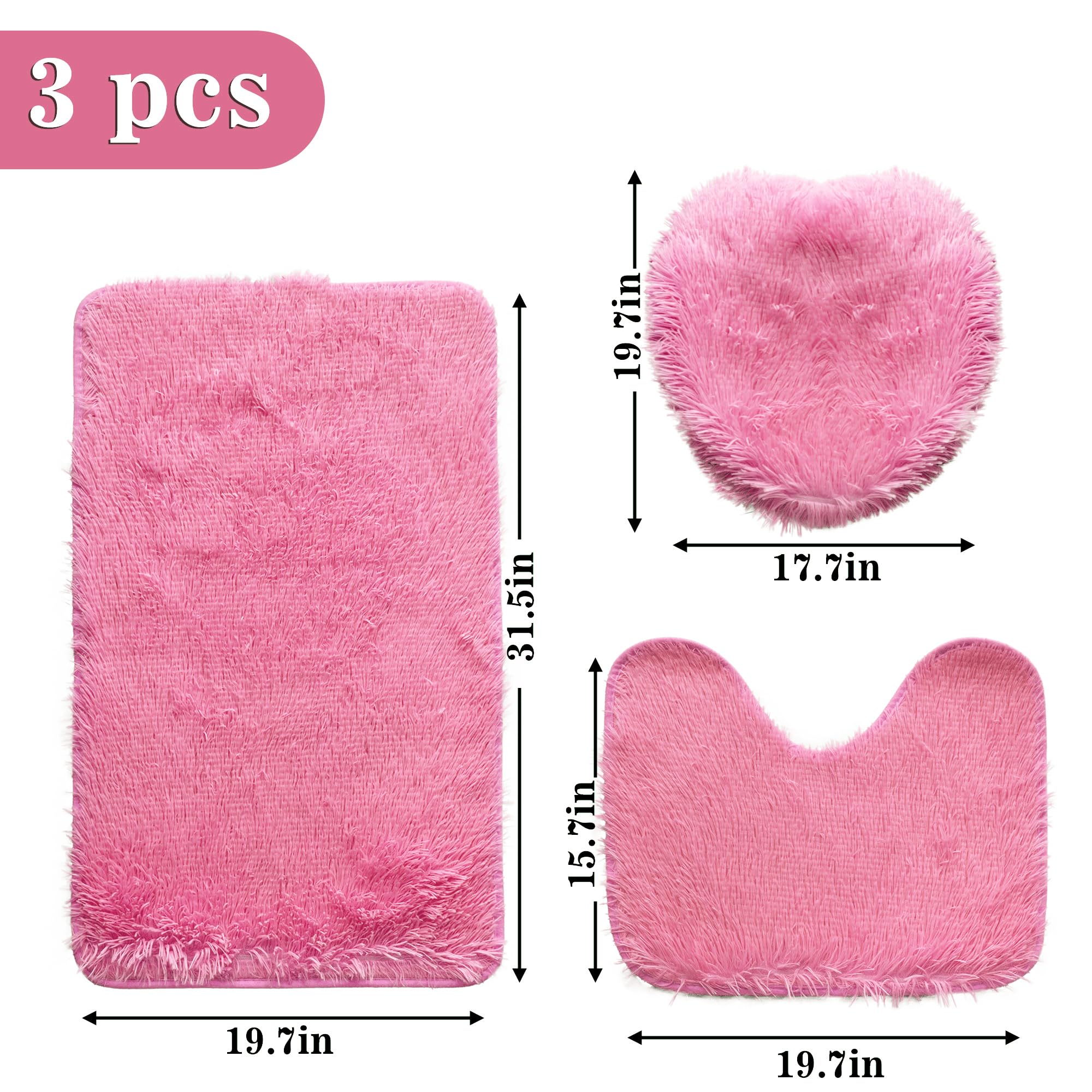 Eanpet Shaggy Bathroom Rugs Sets 3Piece Pink Bath Mat For Bathroom Non-Slip Bathroom Mats Water Absorbent Bath Rug Floor Mats So