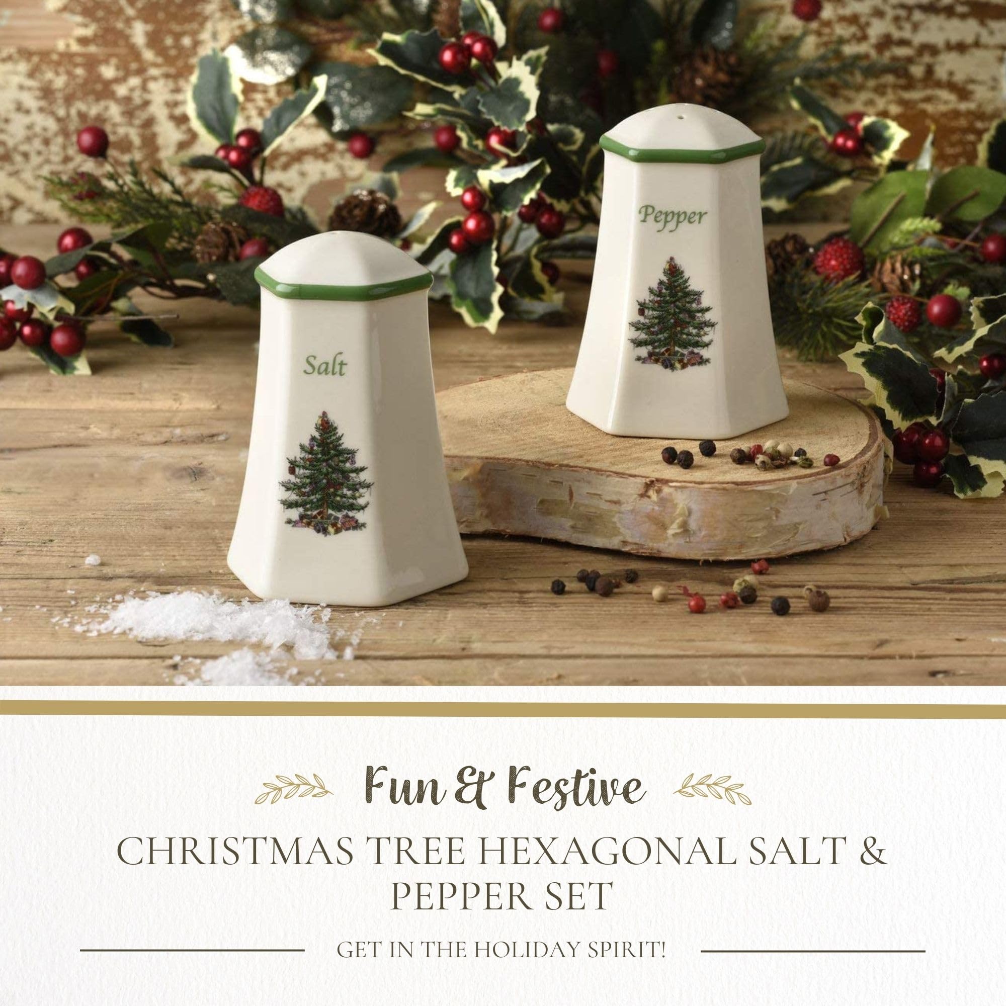 Spode Christmas Tree Hexagonal Salt And Pepper Shaker Set (2-Piece)- Holiday Kitchen & Table D  Cor - Festive Home Accent, Chris