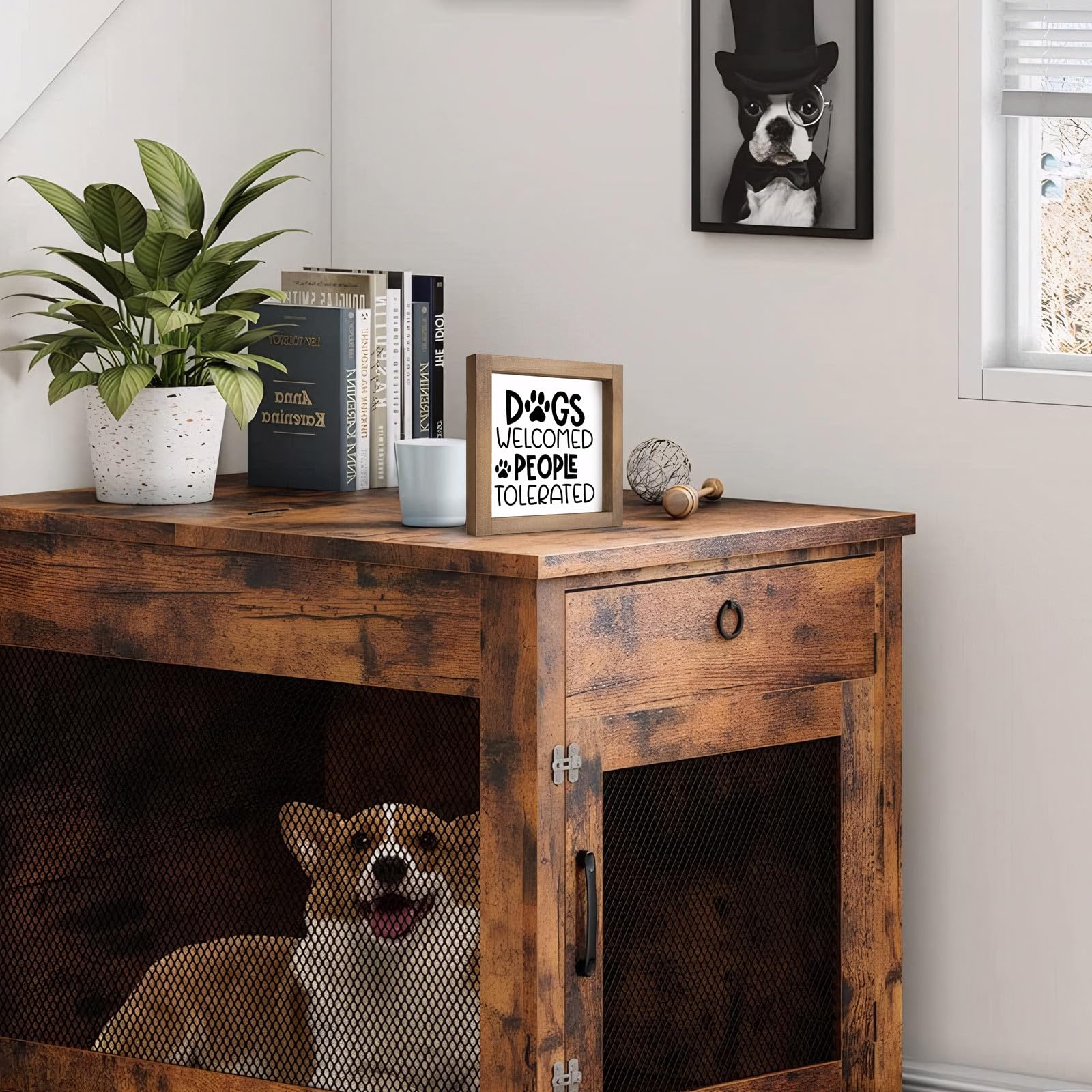 pechpell Wooden Dogs Welcome People Tolerated Sign, 6 Inch Dog Decor for Home, Room Bathroom Bedroom House Wall Table Shelf Rust