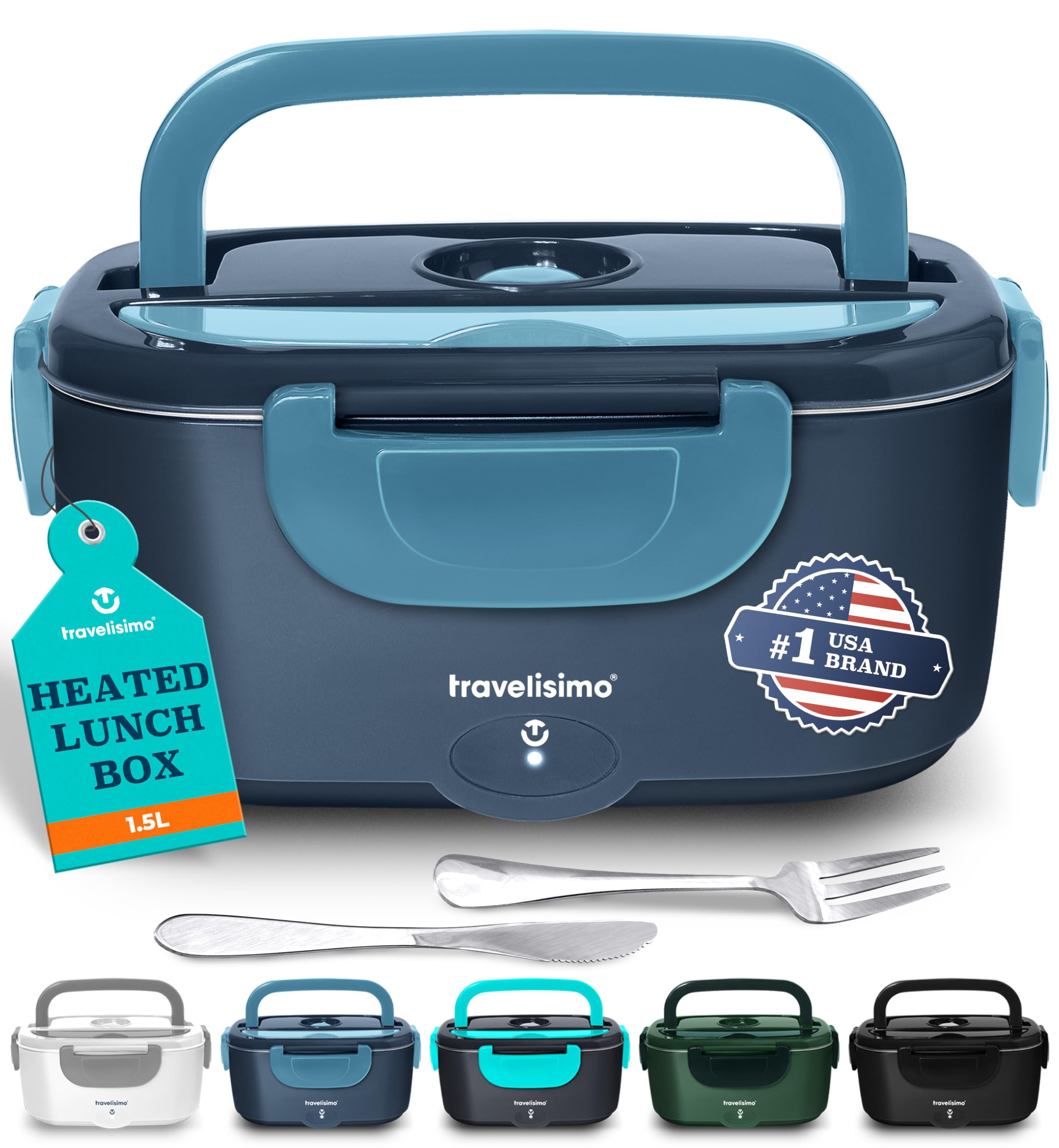 TRAVELISIMO Electric Lunch Box For Adults, 80W Heated Lunch Box 1.5L Stainless Steel Heatable Lunchbox For Men, 12/24/110V Porta