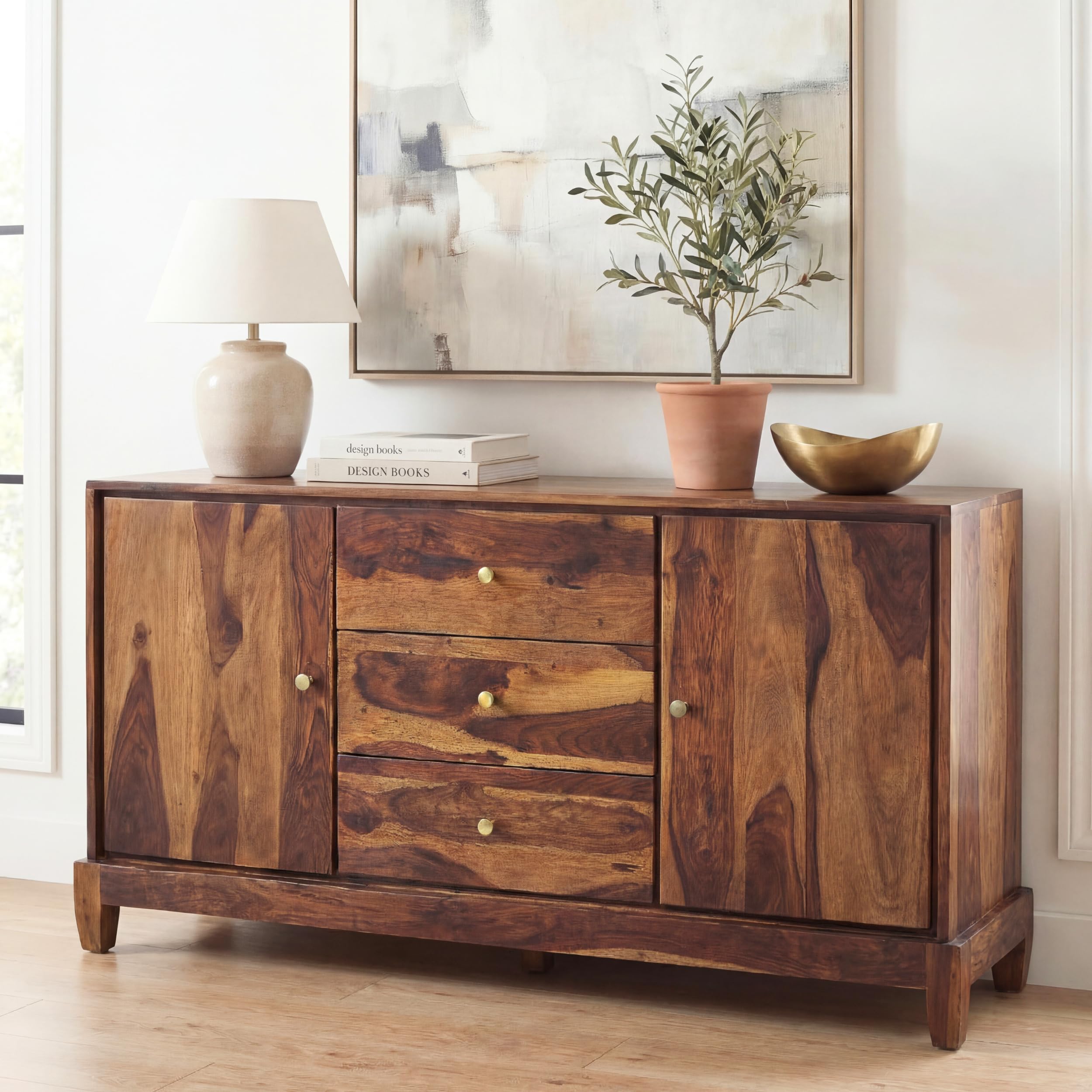 Sona Art & Crafts Solid Sheesham Wood Sideboard Cabinet Storage Organizer With 2 Door & 3 Drawer Cabinet For Home Kitchen Living