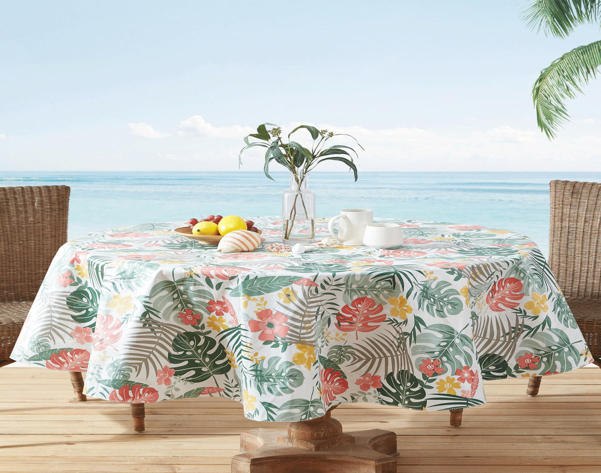 Newbridge Oval Flannel Back Vinyl Tablecloth, 60 X 84 Inch, Palm Springs Tropical, Indoor/Outdoor Waterproof Vinyl Table Cloth,