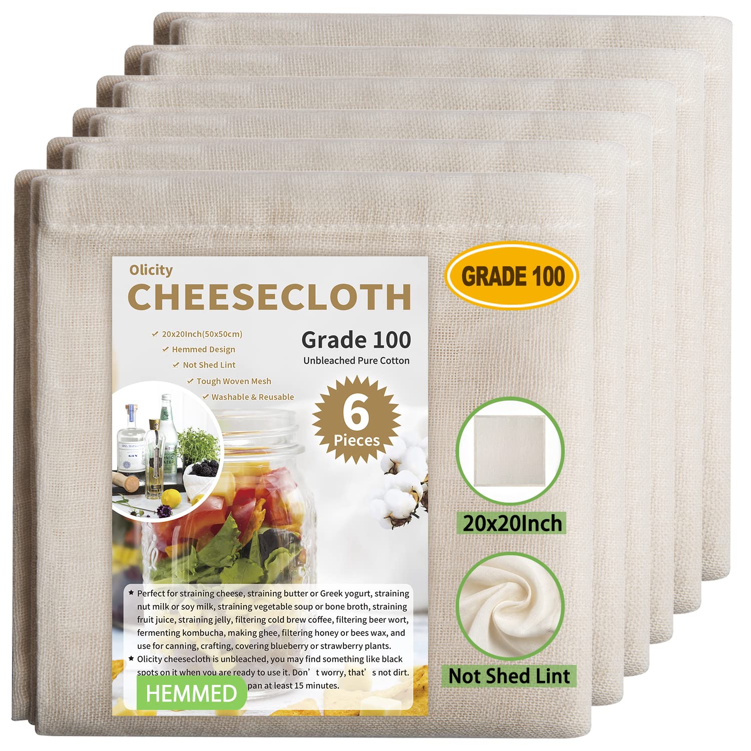 Olicity Cheese Cloths, 6Pcs, Grade 100,20X20Inch Hemmed Cheese Cloth Fabric Reusable Fine Mesh Cloth Strainer, 100% Cotton Unble