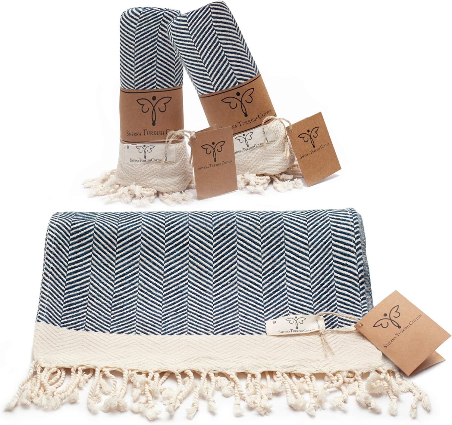 SMYRNA TURKISH COTTON Herringbone Series Hand Towels-Set of 2|16 x 40 in|100% Turkish Cotton|Large  Soft Hand and Head Towels for Bathroom  Kitchen|Don 't Shrink|Premium Luxury - Navy