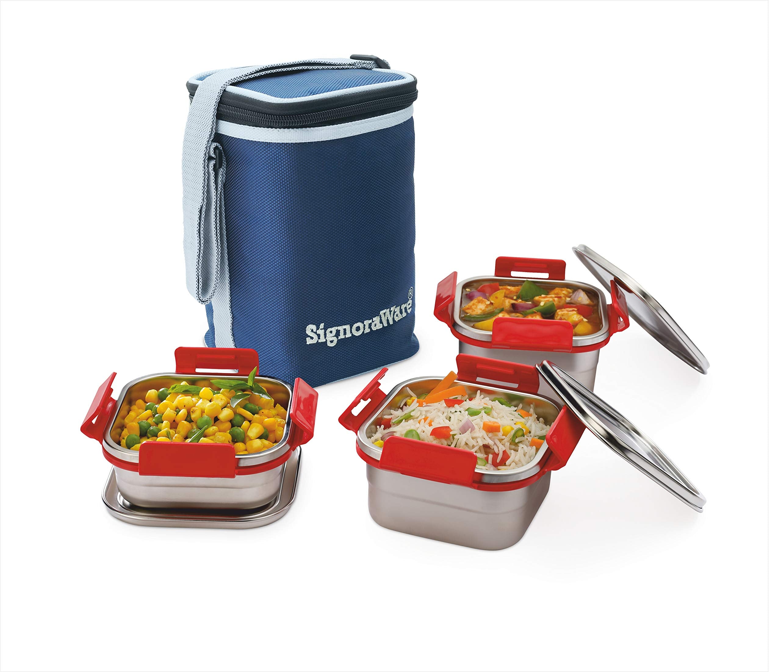 Signoraware (500Ml+350Ml+350Ml) Director Squarex Stainless Steel Lunch Box With Lock Clip Lids And Bag, Bpa Free Plastic, Airtig