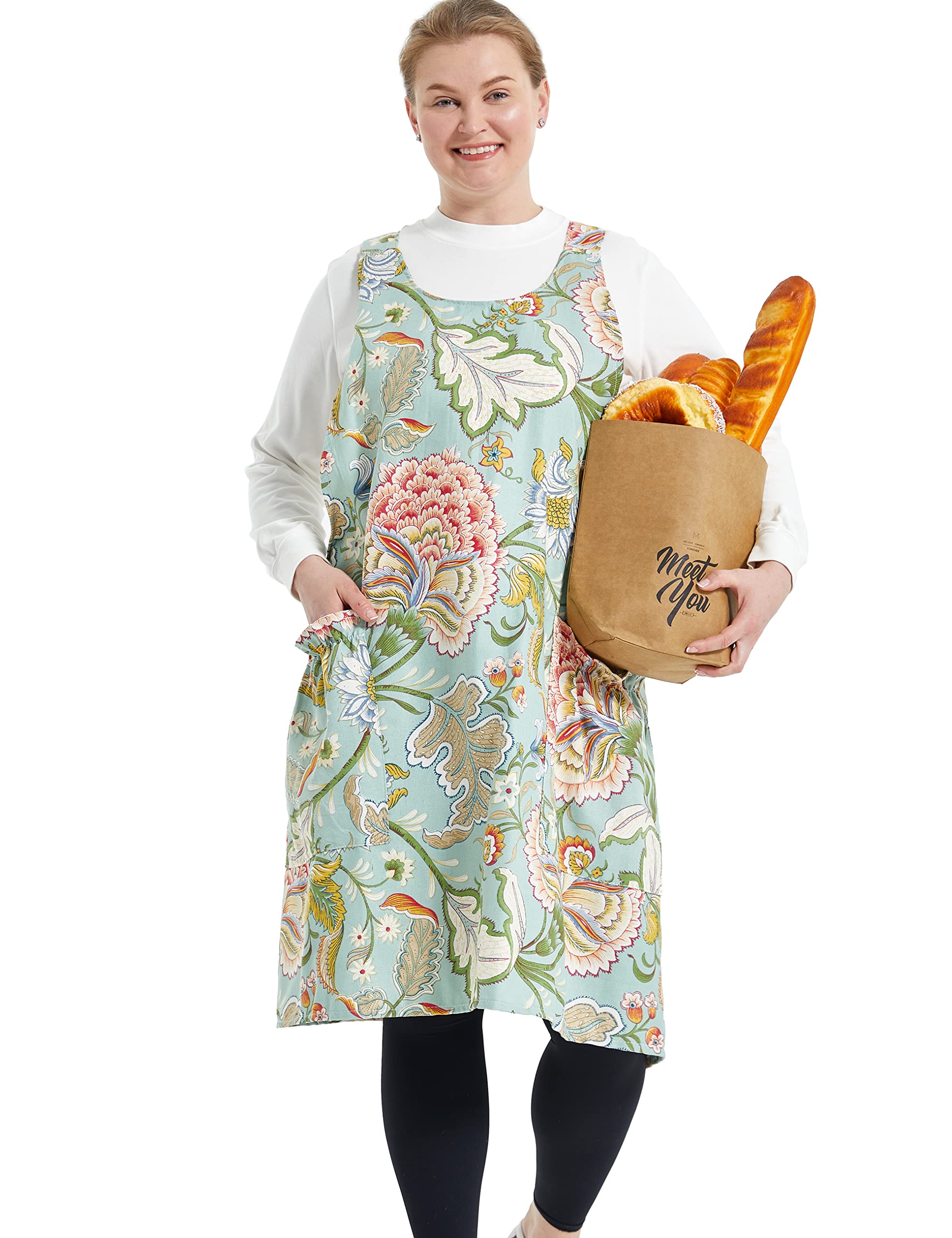 Apronner Big Plus Size Aprons For Women With Pockets Cotton Linen Baking Kitchen Cooking Green Flower