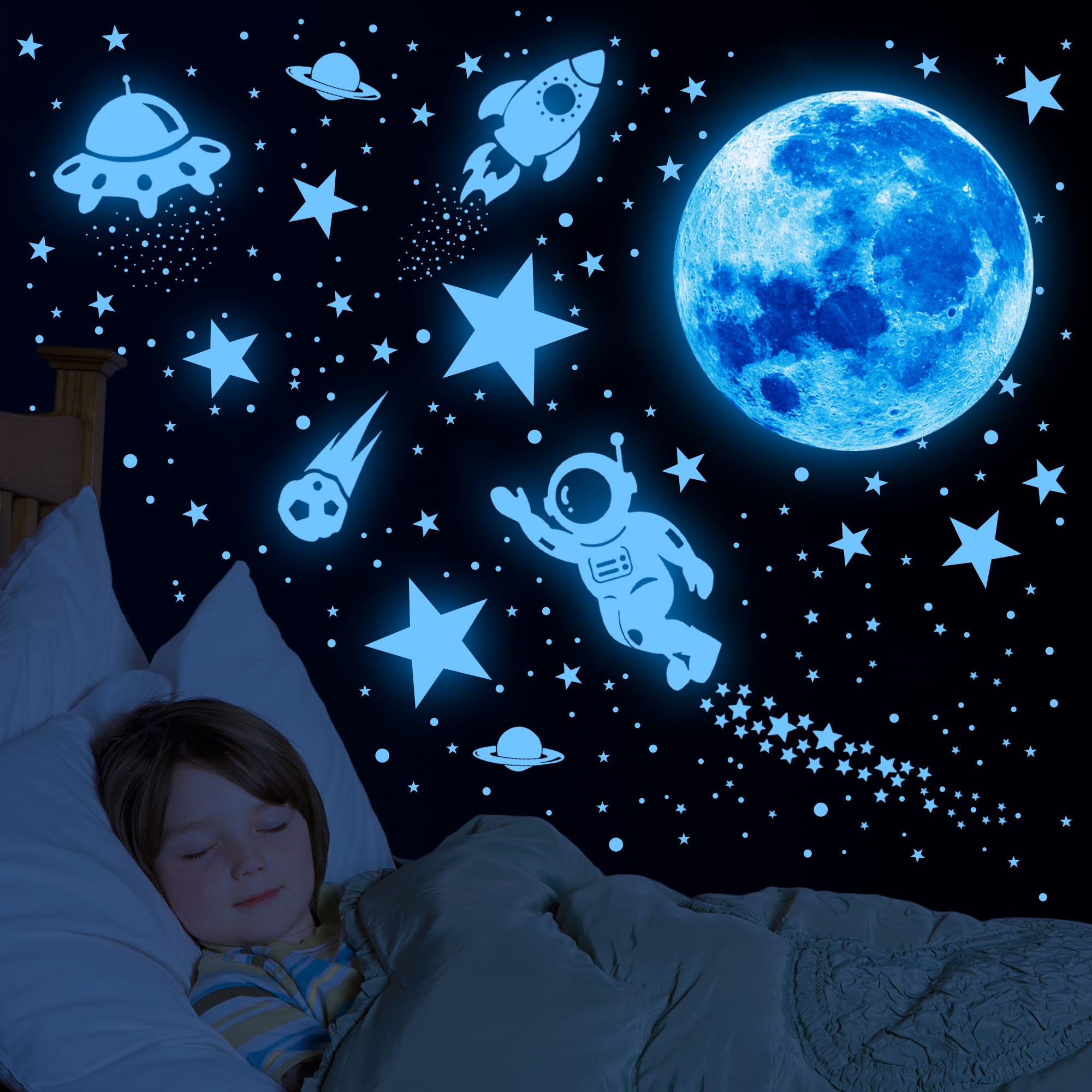 glow in the Dark Stars for ceiling Outer Space Planet Wall Stickers glow in the Dark galaxy Universe Wall Decal Solar System Rockets Alien Wall Decor for Kids Boys girls Bedroom Nursery Playroom ceiling Decor