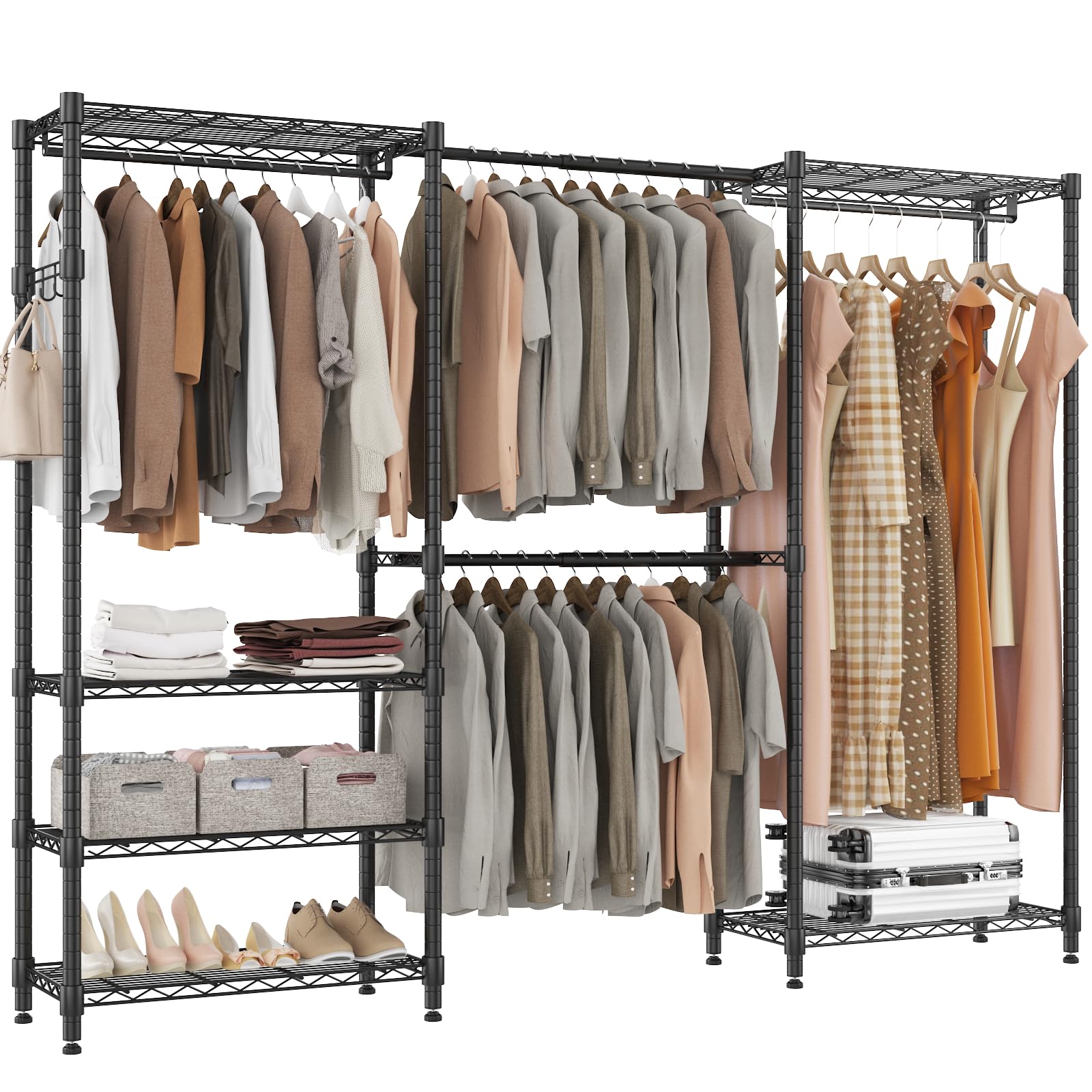 Bathwa Adjustable Heavy Duty Wardrobe Closet Organizer - Expandable Metal Clothing Rack With 4 Hanging Rods, 6 Shelves, And 4 Ha