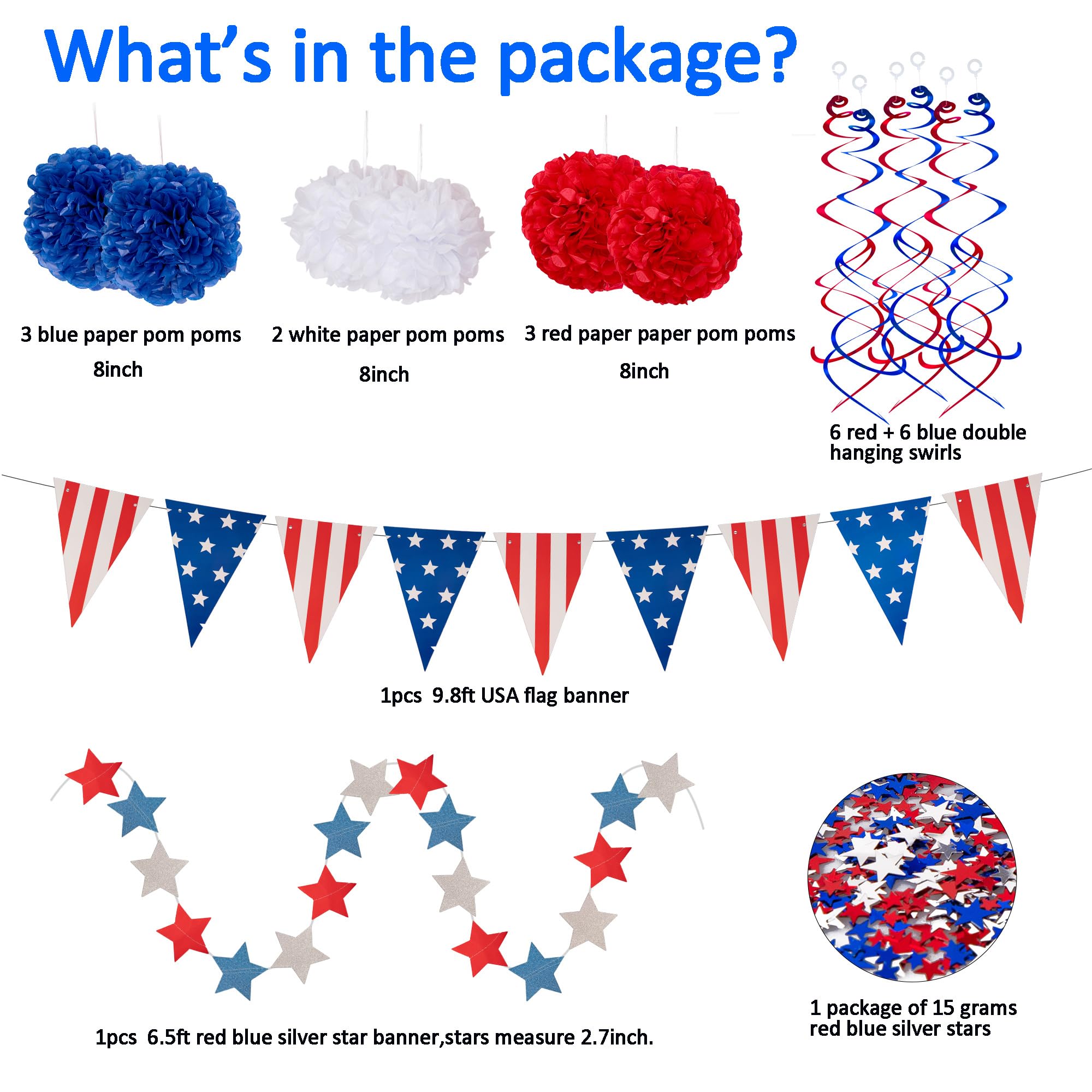 29PCS 4th/Fourth of July Patriotic Decorations Set - Red White Blue Paper Fans,USA Flag Pennant,Star Streamer,Pom Poms,Hanging S