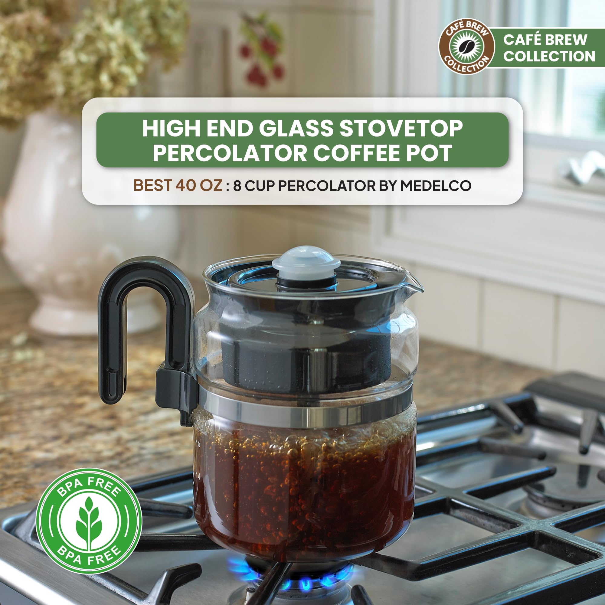Caf   Brew Collection 8-Cup Glass Stovetop Percolator Coffee Pot - Borosilicate Glass Coffee Percolator - Bpa Free - Dishwasher
