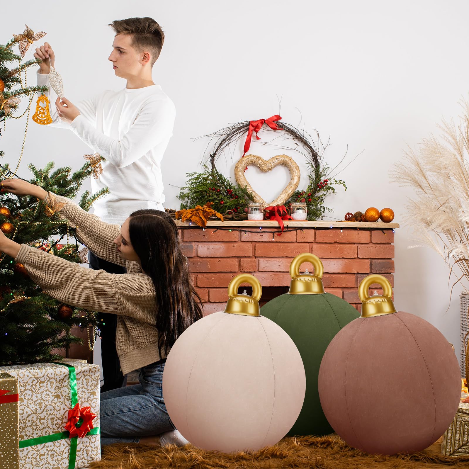 Jetec 3 Pcs 32 Inch Giant Velvet Christmas Inflatable Balls Ornament Flocked Xmas PVC Inflatable Flocked Ball Ornaments for Chri