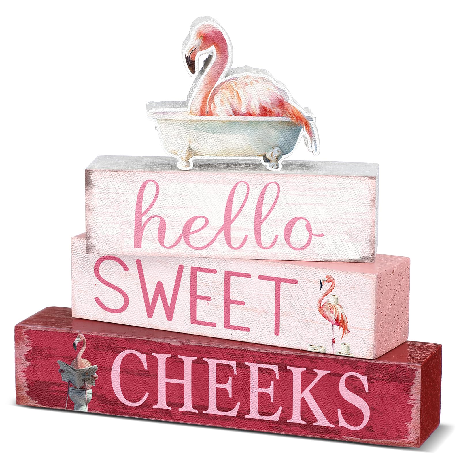 Cinnvoice 4 Pcs Flamingo Bathroom Decor Farmhouse Bathroom Decoration Hello Sweet Cheeks Table Centerpiece Gift for Christmas Va