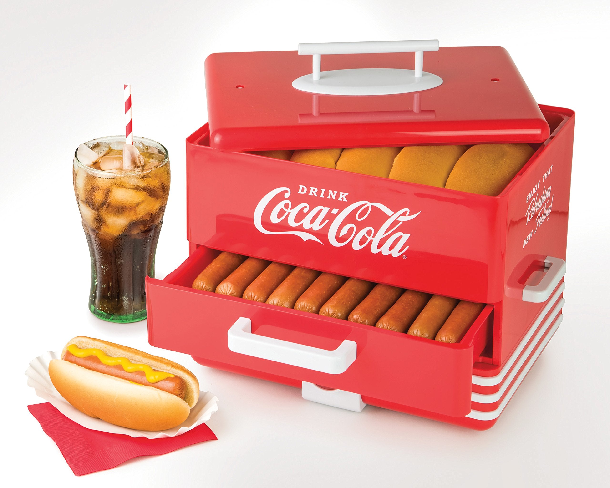 Nostalgia Hds248Coke Large Coca-Cola Diner-Style Steamer, 24 Hot Dogs And 12 Bun Capacity, Perfect For Breakfast Sausages, Brats
