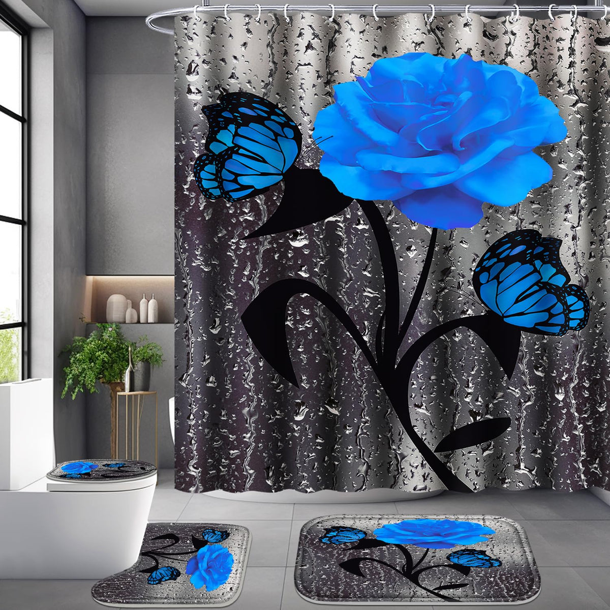 Poedist 4 Pcs Bathroom Set,Blue Rose Shower Curtain Sets, Floral Shower Curtain Sets With Rugs(Bath Mat,U Shape And Toilet Lid C