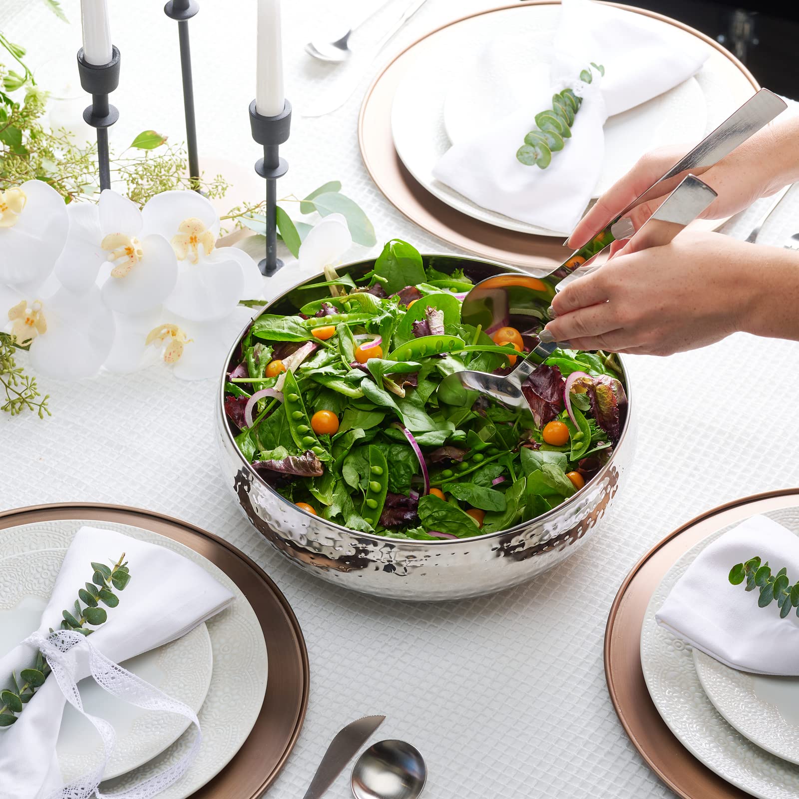 Colleta Home Salad Bowl And Serving Utensils - Hammered Detailing - Stainless Steel Mixing Bowls With Lids- Luxurious Serving Bo